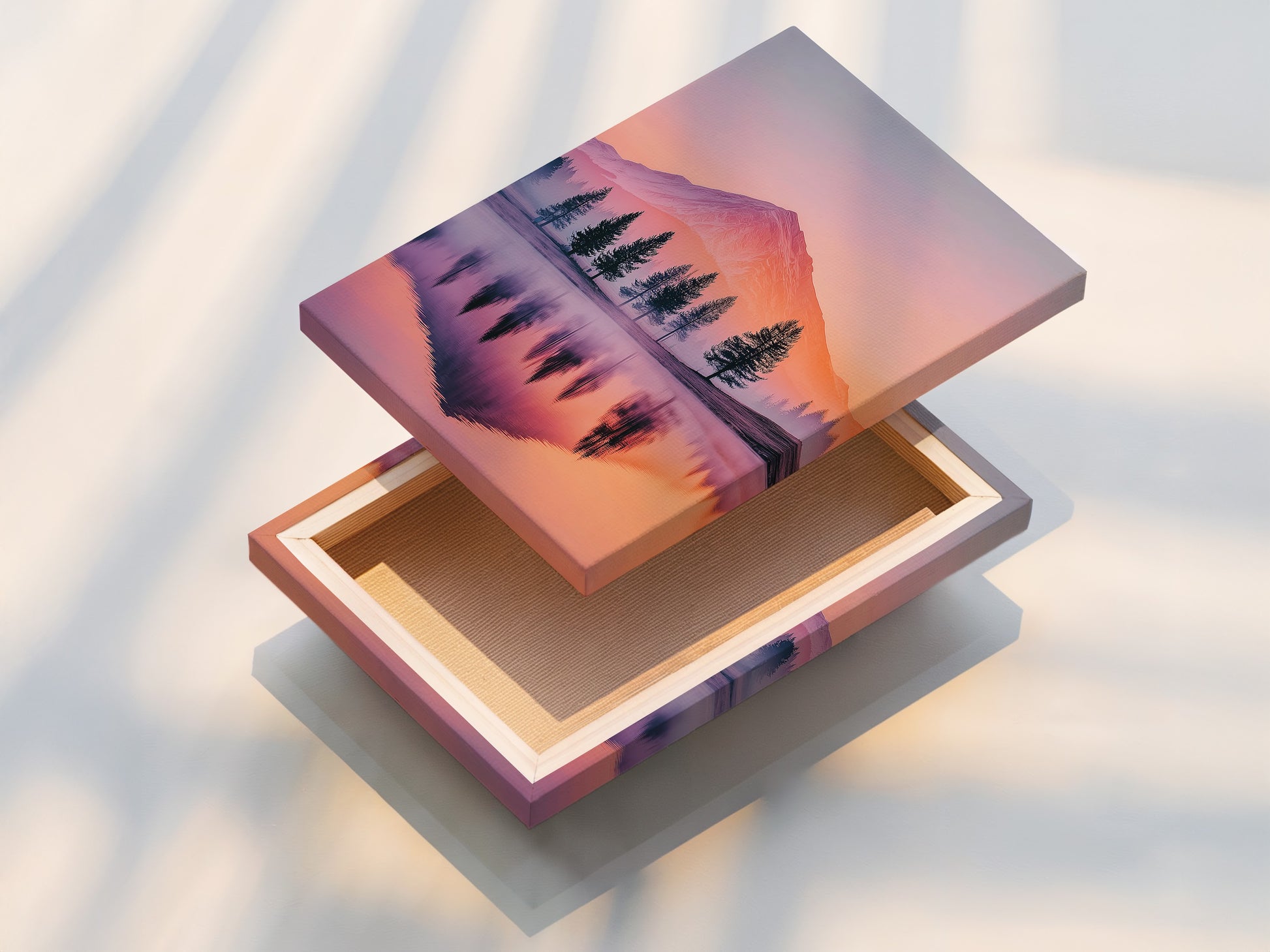 This is a stretched canvas print featuring a mountain lake. Pastel sky colors and a serene landscape create a calming piece. Perfect for adding nature-inspired artwork to your living room or bedroom walls.