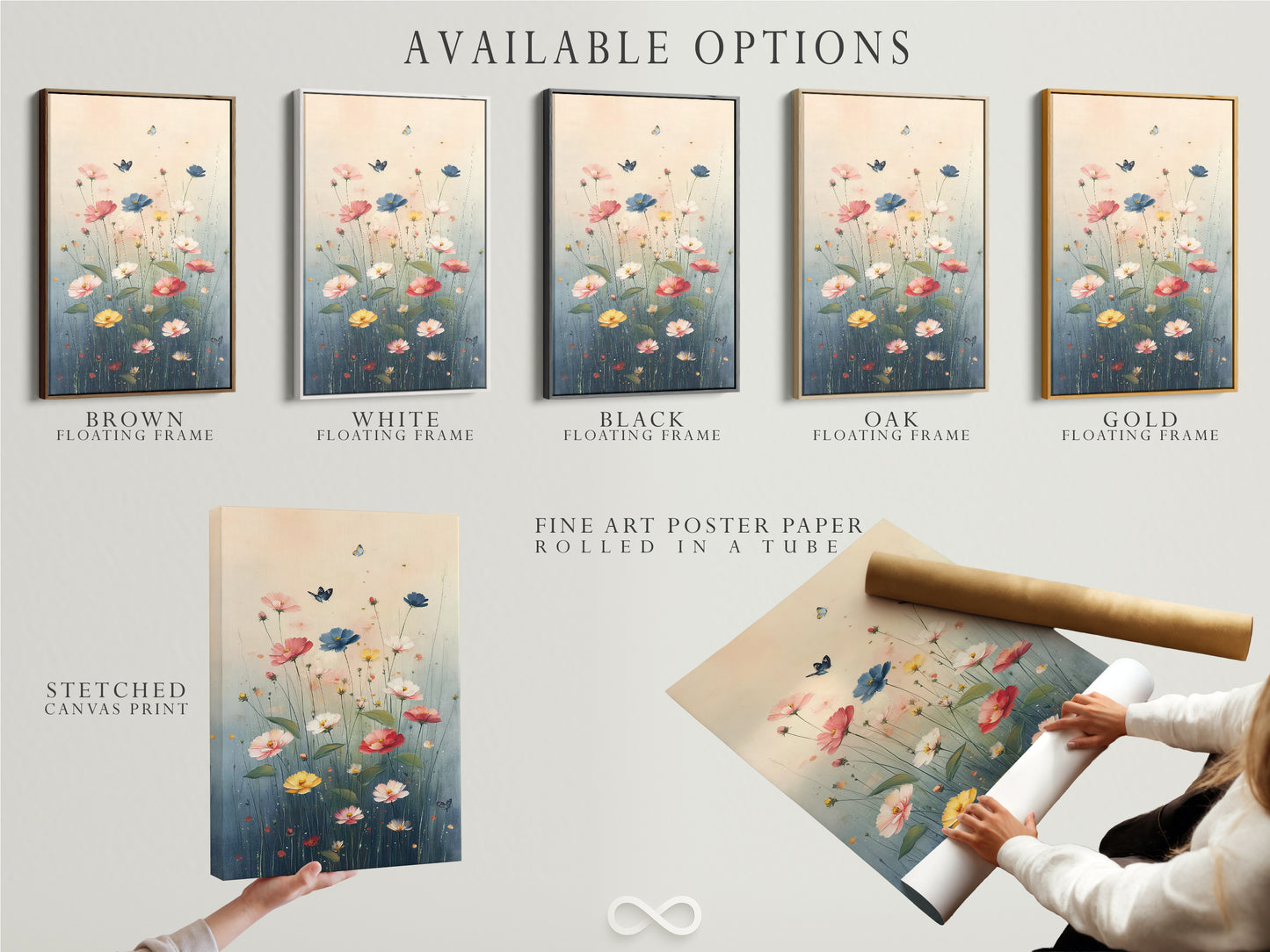 Available options for the Floral Meadow artwork displayed. Options include a stretched canvas print fine art poster paper and a floating frame. The artwork features wildflowers. Butterflies are fluttering about. Select the perfect format to suit your style. This botanical art is ideal for any decor.