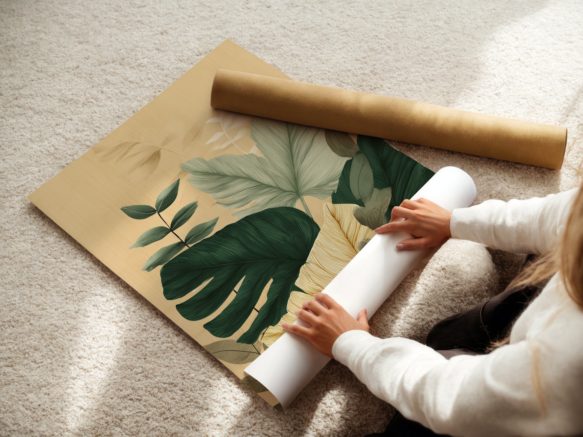 A woman rolling fine art poster paper. High-quality art poster ready for framing. Fine art paper ensures vibrant colors and sharp details. Preserve your artwork for years to come.