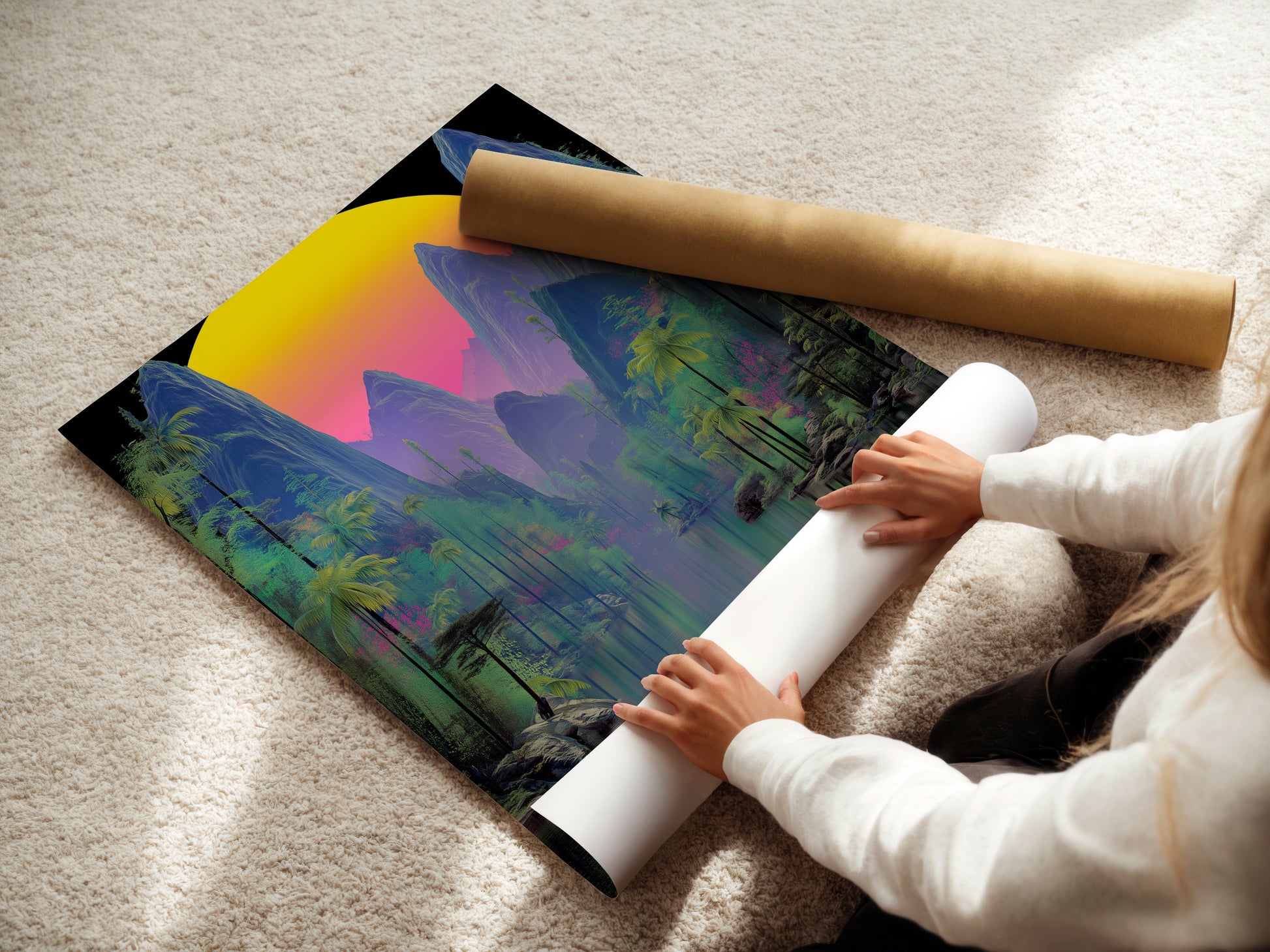 A woman is carefully rolling a fine art poster paper. The paper features a tropical mountain artwork with a vaporwave sunset. This cyberpunk nature poster is perfect for adding a touch of summer to any room. It is an ideal choice for home decor.