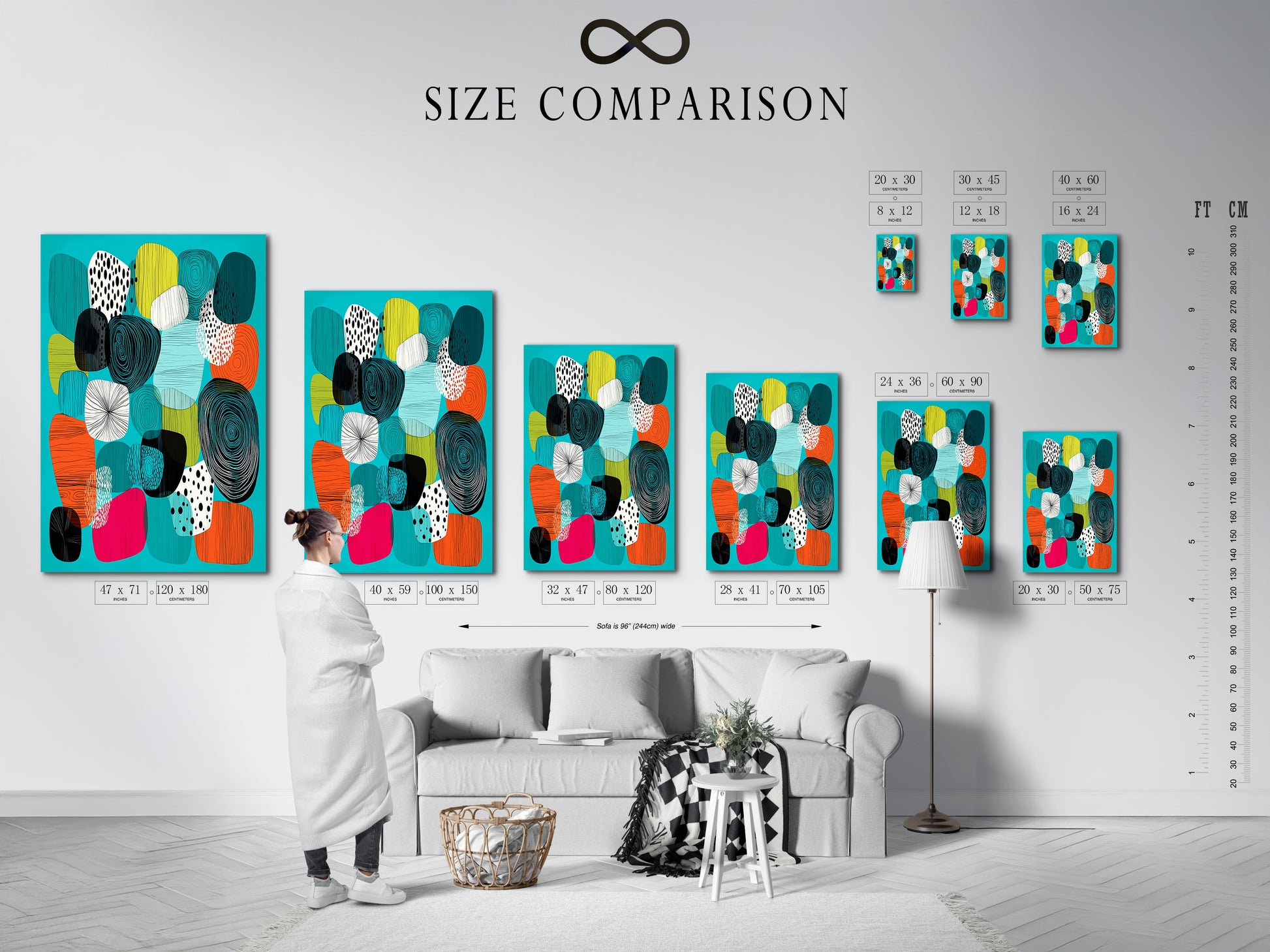 A size comparison chart displayed in a modern interior. See how different sizes of mid-century modern artwork look in a living space. The abstract canvas features teal orange and geometric shapes. Find the perfect fit for your wall.