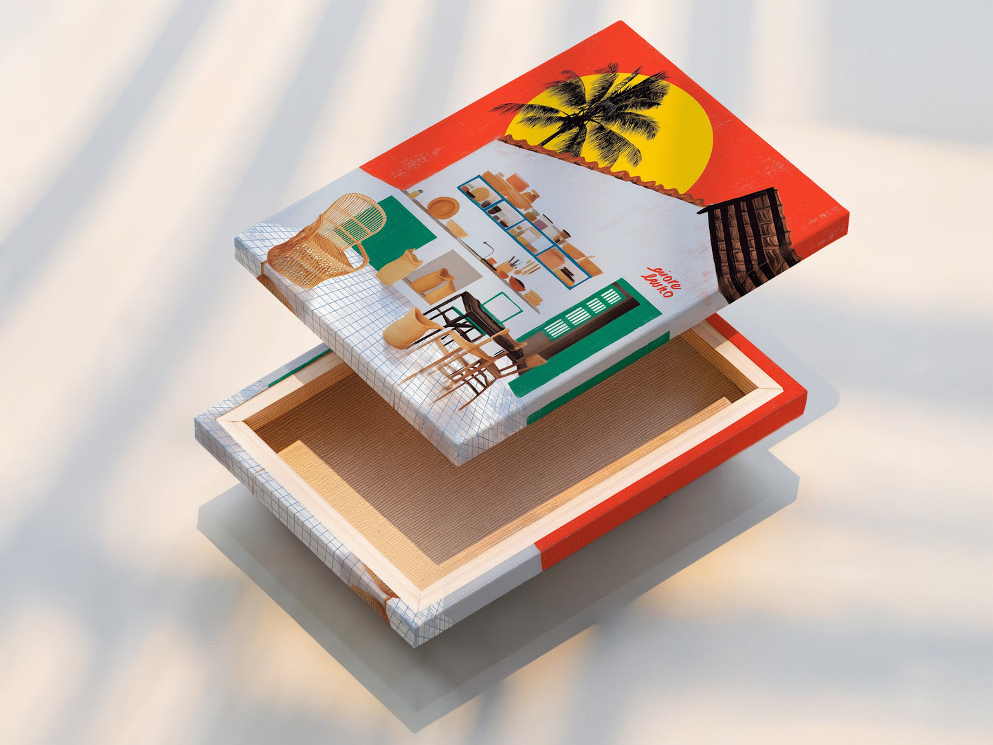 This is a stretched canvas print of coastal kitchen artwork. The tropical palm wall art enhances island decor. This modern art print is perfect for a vacation home. It brings a beach house vibe. It is ready to hang and enjoy. Add coastal artwork to your space.