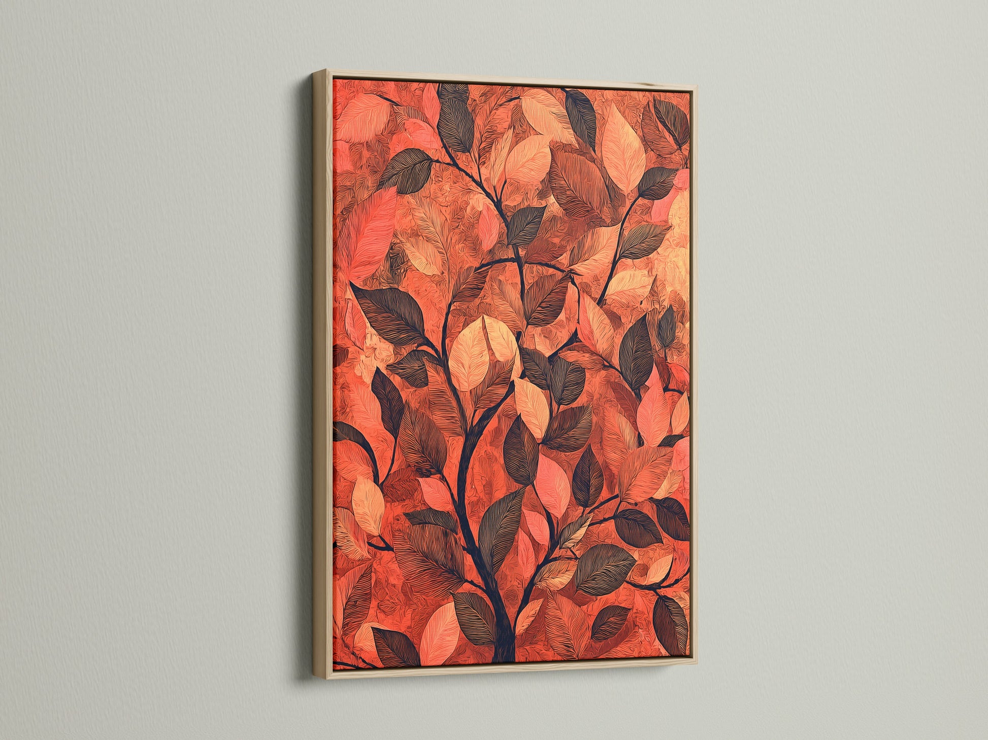 The botanical leaf canvas is showcased in an oak frame. The terracotta wall art brings autumn leaves into your space. The frame enhances the foliage print. It is perfect for adding warm tones to your study room decor. The rustic frame complements the nature art print.