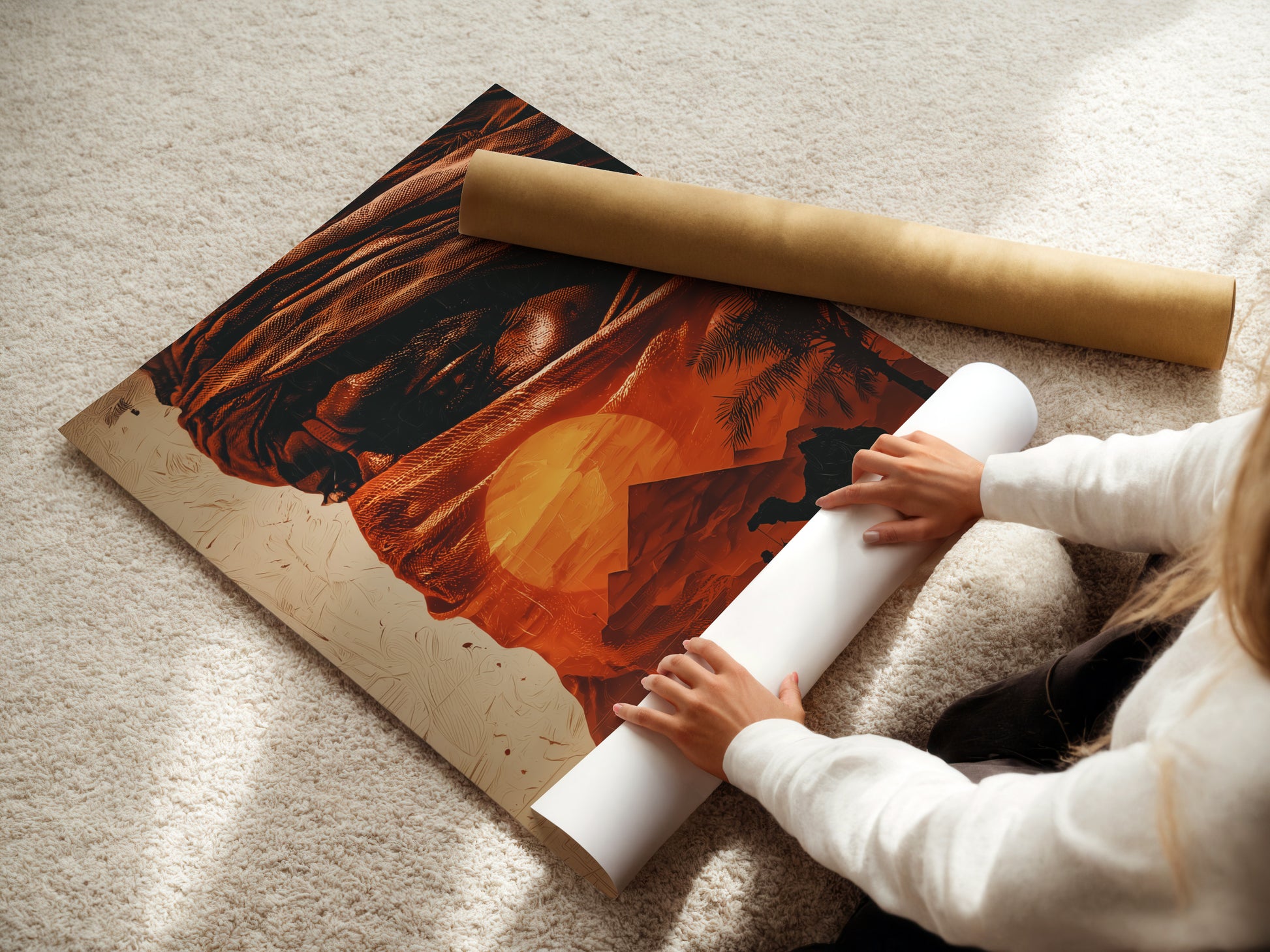 A woman carefully rolls a fine art poster paper of a desert Bedouin scene. The high-quality paper ensures vibrant colors and lasting beauty. Perfect for creating stunning Middle Eastern wall art. This camel caravan sunset poster adds a touch of warmth to any room. Ideal for travel and Southwestern decor enthusiasts.