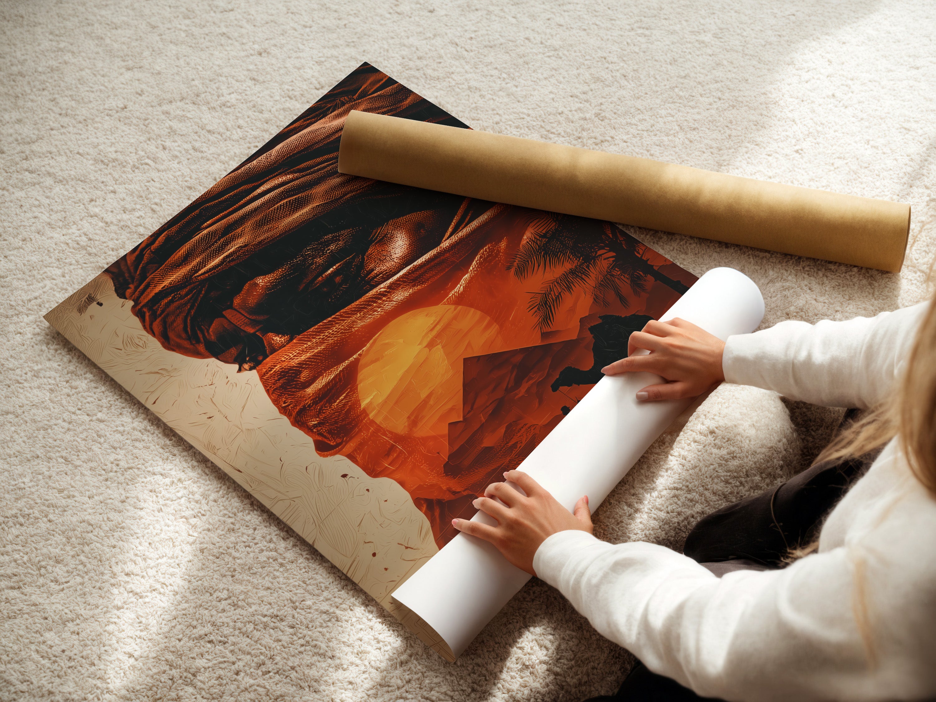 A woman carefully rolls a fine art poster paper of a desert Bedouin scene. The high-quality paper ensures vibrant colors and lasting beauty. Perfect for creating stunning Middle Eastern wall art. This camel caravan sunset poster adds a touch of warmth to any room. Ideal for travel and Southwestern decor enthusiasts.