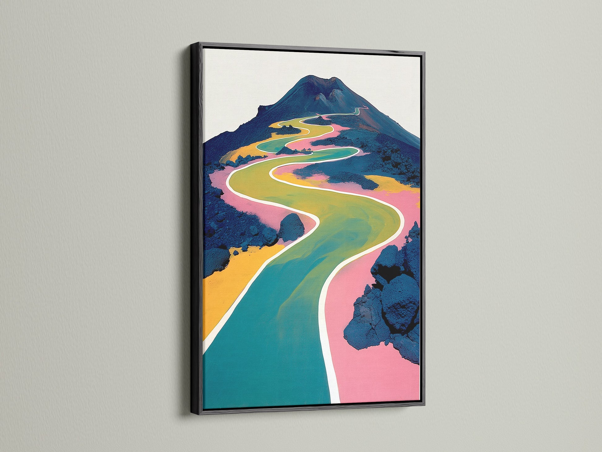 Abstract mountain landscape artwork with a black frame. The colorful winding path is a great focal point. This modern nature poster is ideal for office wall decor or home.