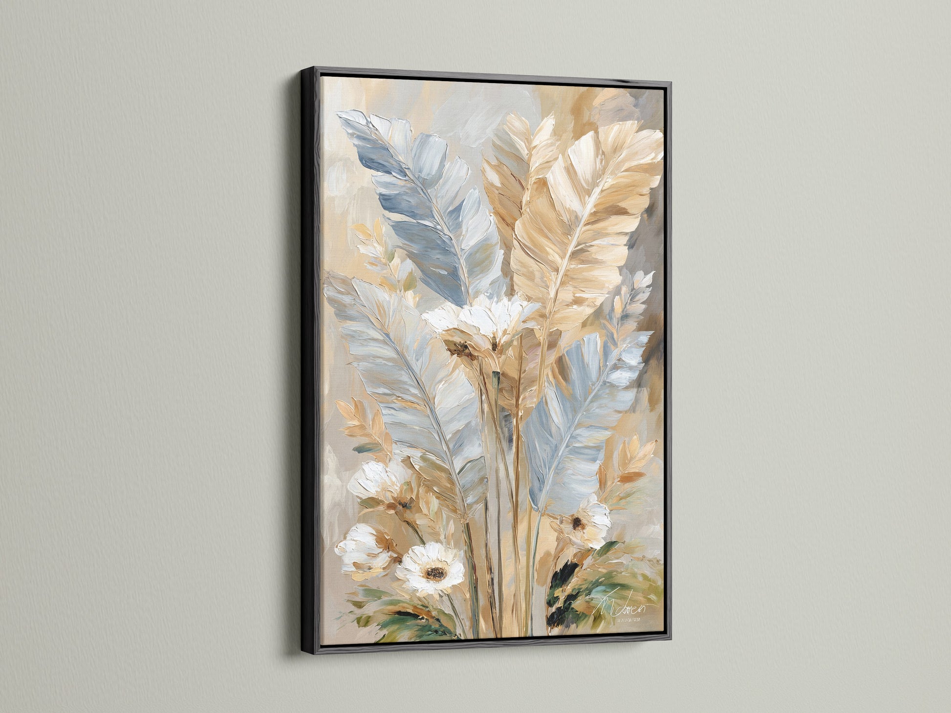 Nature canvas print in a black frame. Bedroom wall art with a minimalist style. The black frame adds contrast. This modern botanical artwork suits various decor styles. The feathers painting is both elegant and striking. The black frame enhances its appeal.