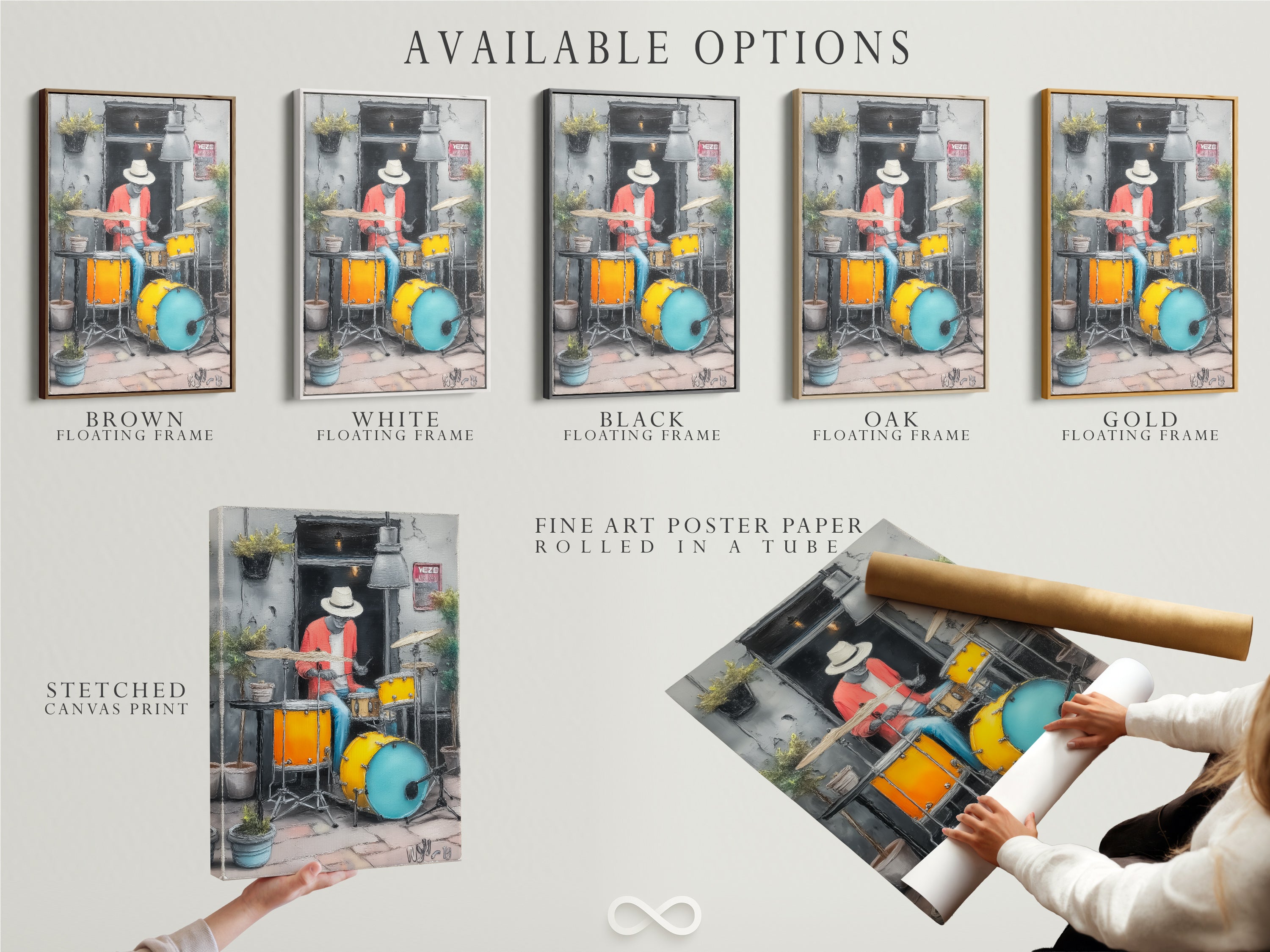 Available options for the Jazz Drummer artwork. Choose from a stretched canvas print fine art poster paper or floating frame. The urban music wall art is perfect for music studio owners. Find your perfect jazz art.