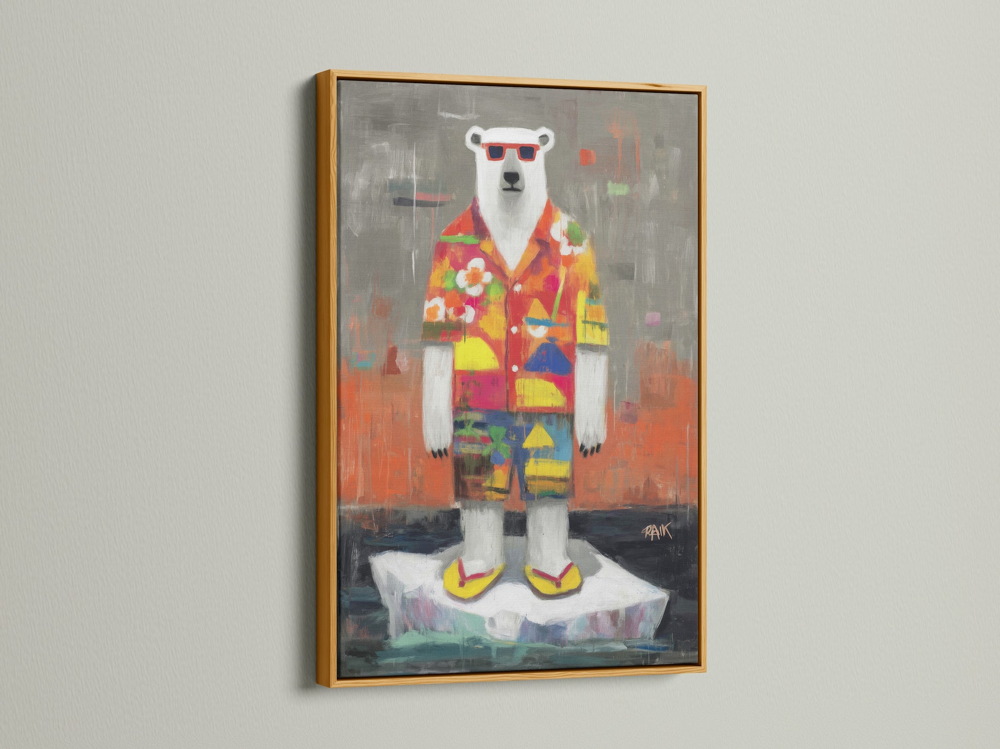 The gold frame adds elegance to this cool polar bear artwork. This quirky animal art is ideal for boutique art displays. The artwork features a polar bear in a tropical shirt. It brings a playful touch to any room decor.