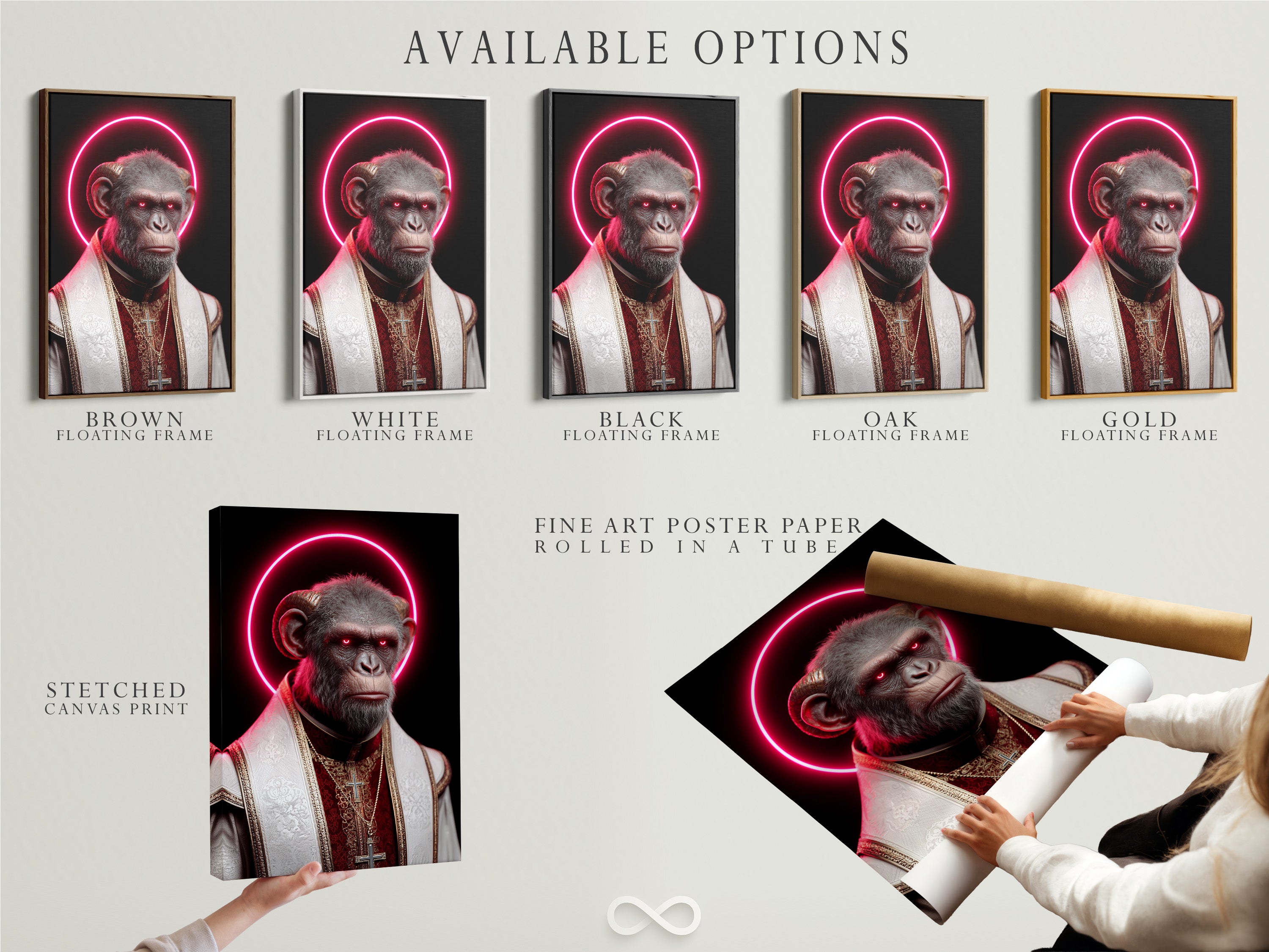 Available options include a stretched canvas print fine art poster paper and floating frame. All featuring the 'Pope Monkey'. Choose the perfect format for this religious artwork. It is ideal for adding a modern touch to your home or office decor.