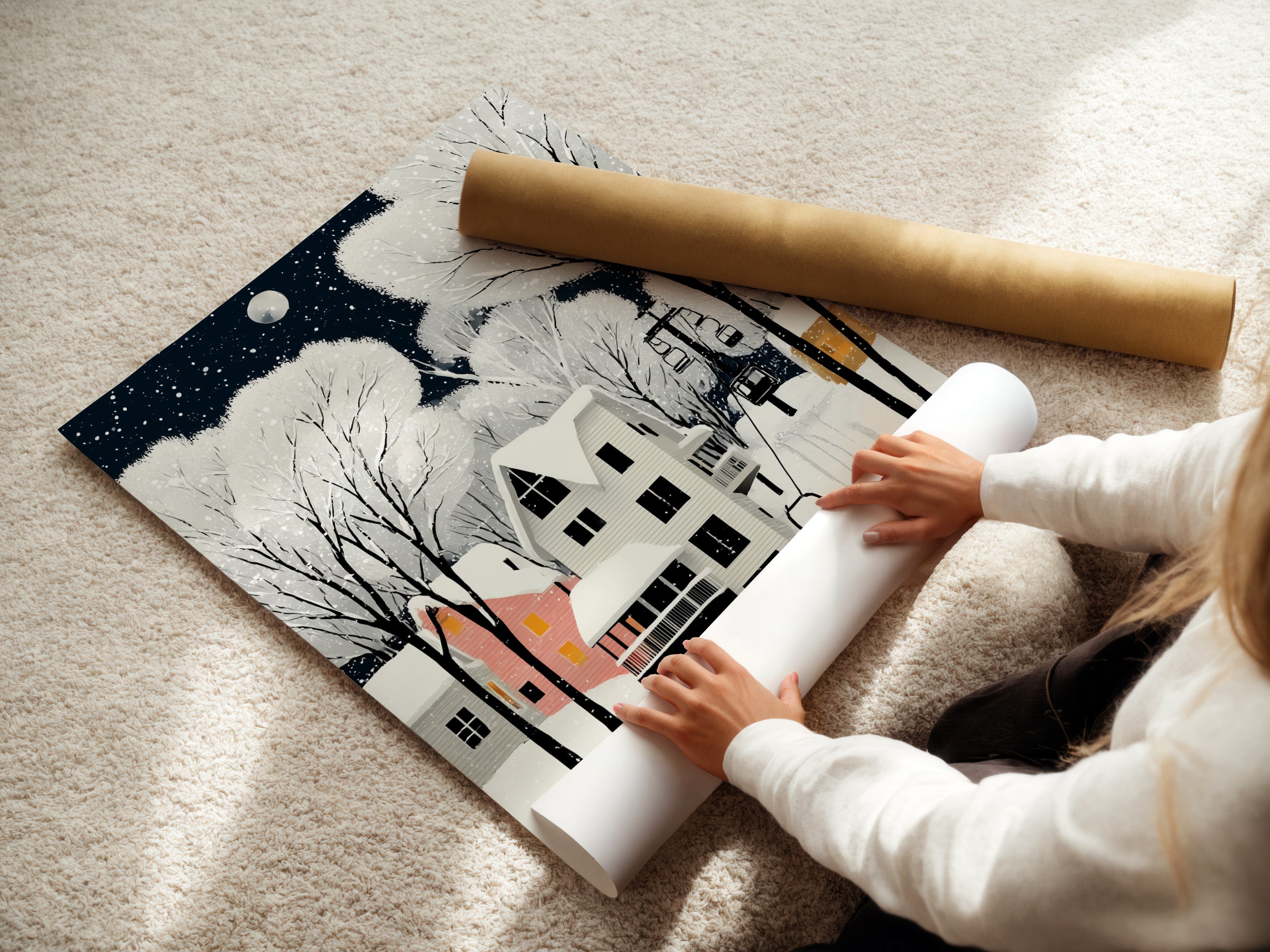 A woman carefully rolls a fine art poster paper of Winter Village art. This snowy night art is perfect for adding a Scandinavian touch to your decor. Bring a cozy winter landscape into your home.