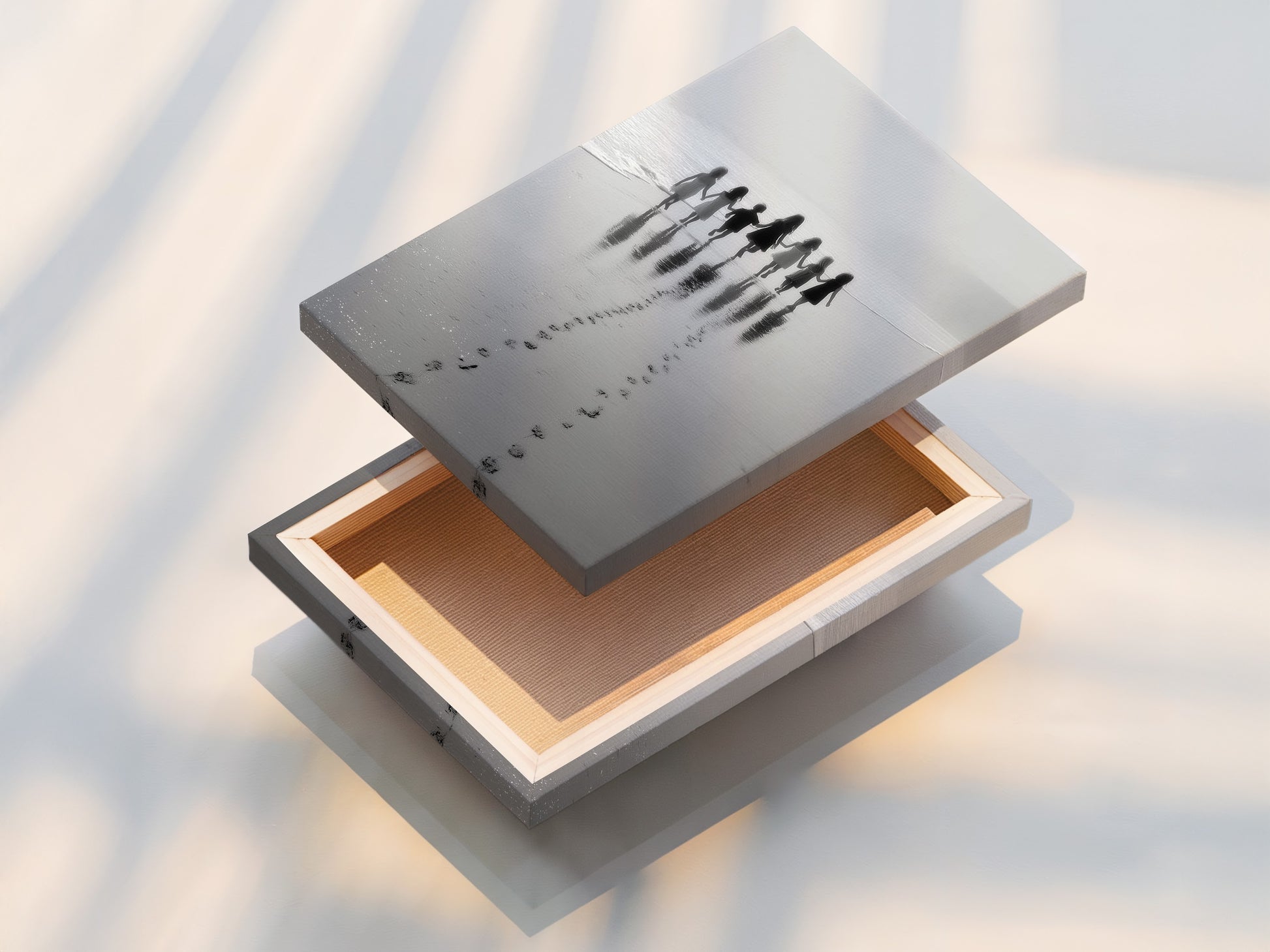 The stretched canvas print of Beach Walk showcases the children holding hands. Black and white seascape art adds elegance. Perfect for nursery decor or kids room art. A minimalist family photo for coastal artwork lovers.