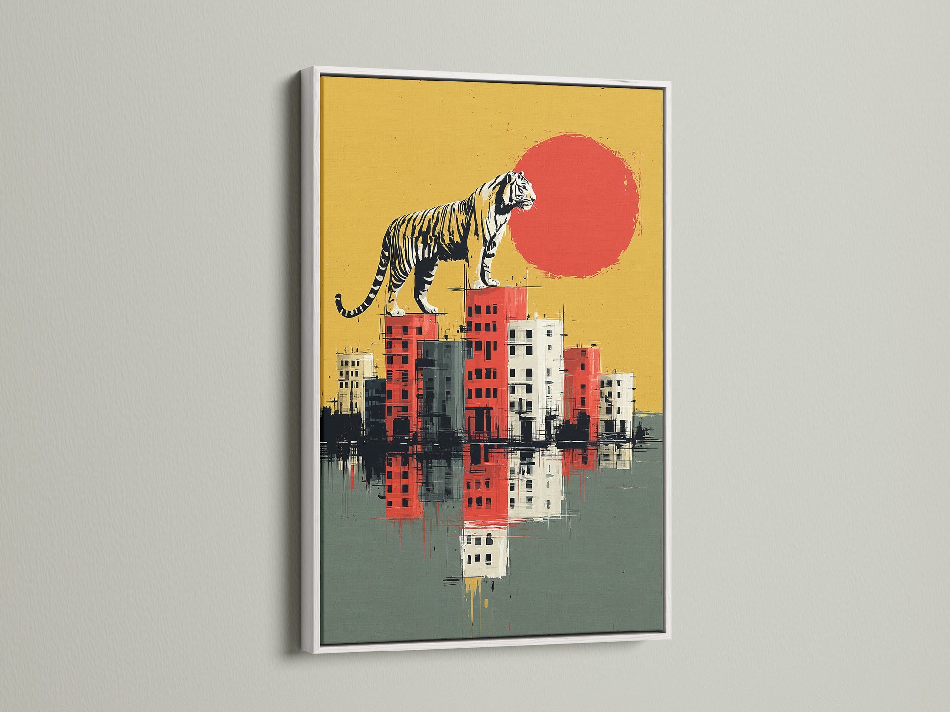 The Tiger City art print is presented in a white frame. The white frame offers a clean contrast to the colorful artwork. The surreal wall art becomes a focal point. Ideal for adding a modern touch to your home or office. The urban wildlife art stands out beautifully. Discover the perfect frame for your canvas print.