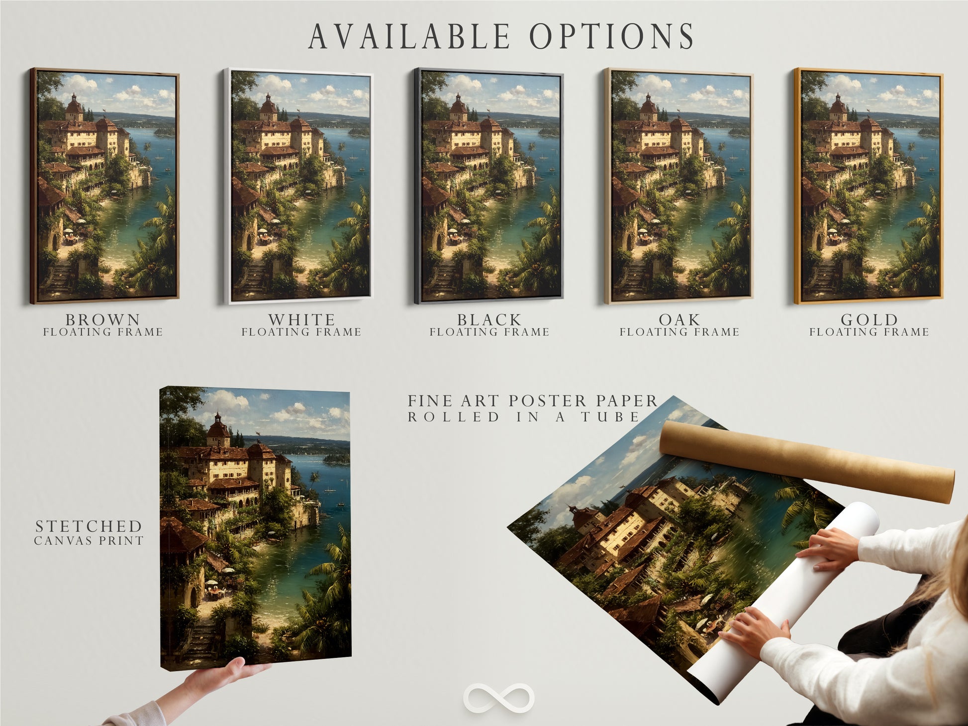 Explore available options for your coastal village artwork. Choose from a stretched canvas print a fine art poster paper or a floating frame. Customize your Mediterranean Sea wall art to match your style. Create the perfect vintage Italian Riviera artwork display.