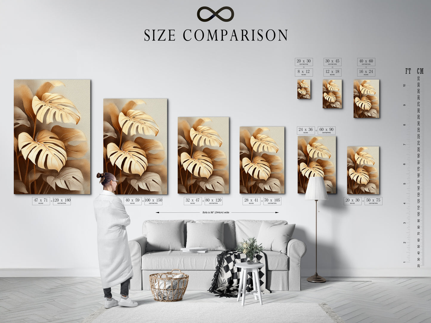 Size comparison chart displayed in an interior setting. This chart helps visualize the artwork's dimensions. The monstera art fits perfectly in various room sizes. The botanical print enhances living spaces. It is ideal for bedrooms and entryways.