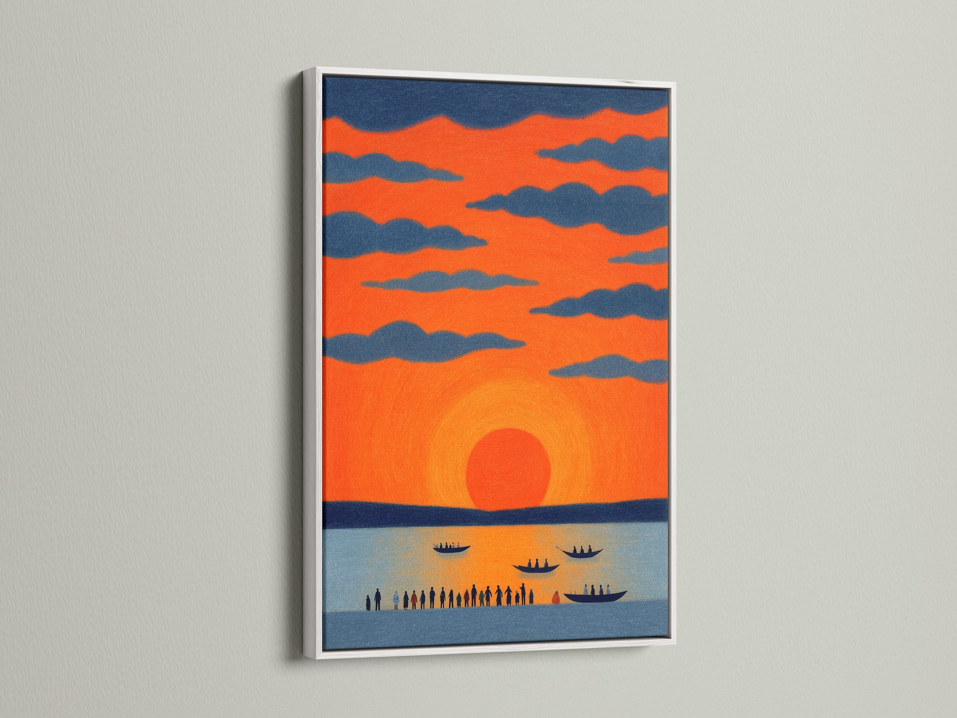 The sunset seascape artwork is presented in a white frame. This coastal art print offers a clean and modern look. Perfect for bedroom wall decor or living room wall art. This orange sky wall art brings tranquility.