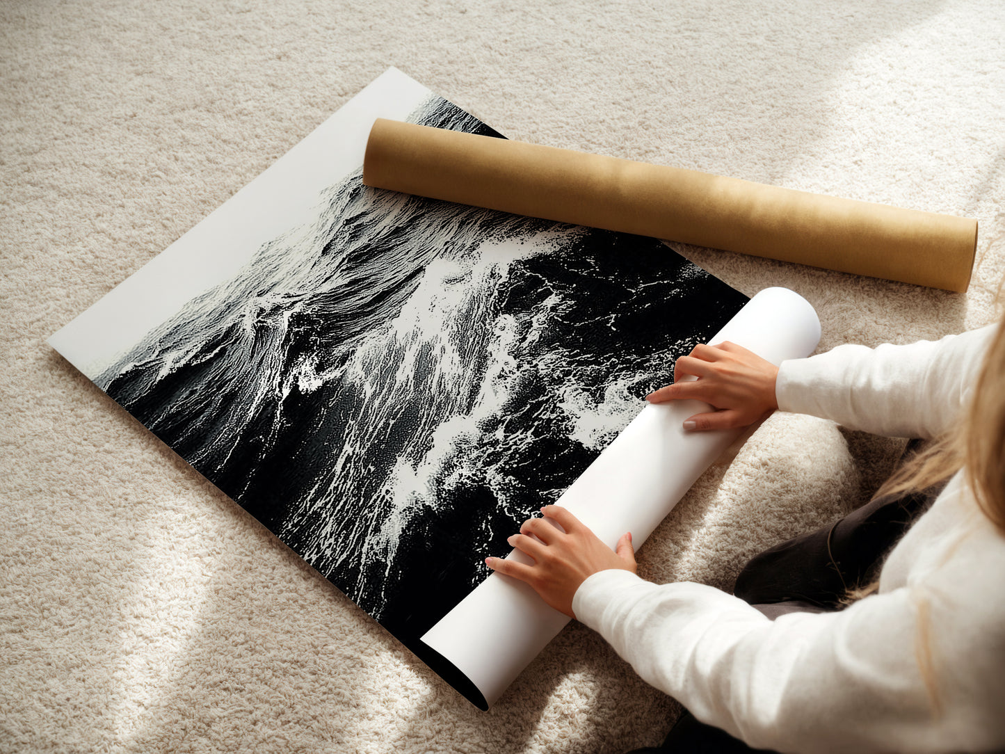 A woman is rolling a fine art poster paper. Our fine art paper ensures high quality prints. Perfect for ocean wave artwork and detailed sea prints. Order your fine art prints and posters today for your home decor.