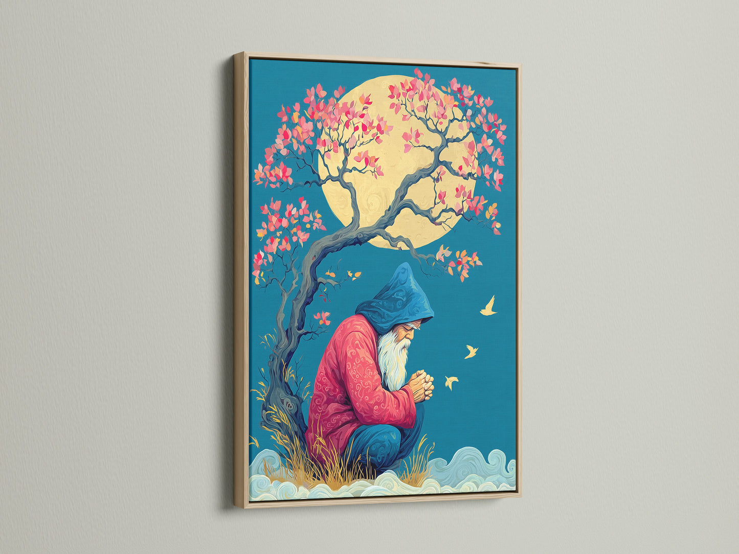 Oak Frame displays a Wizard Canvas Print. This mystical tree wall art provides fantasy artwork for meditation room decor. Find spiritual magic wall art for zen artwork. This serene art print is calming wall art. Discover blue and gold art for a fantasy gift in mythical decor.