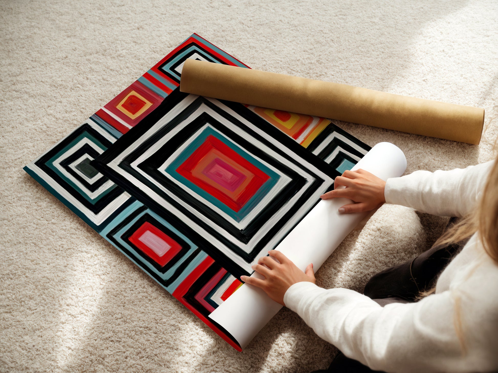 A woman is carefully rolling a fine art poster paper. This highlights the care and quality of the artwork. The Geometric Squares canvas print is perfect for those seeking retro colorful wall art. It is a modern abstract artwork for any home decor.