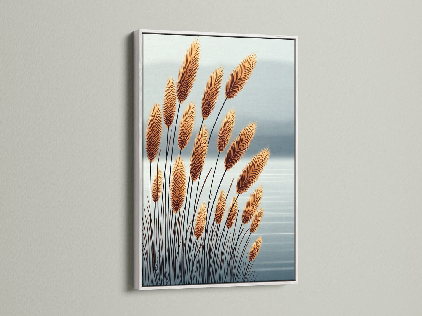 This image features pampas grass artwork in a white frame. The neutral wall art complements minimalist interiors. It's perfect for creating a bright airy feel. This botanical print suits scandi farmhouse and boho decor styles.