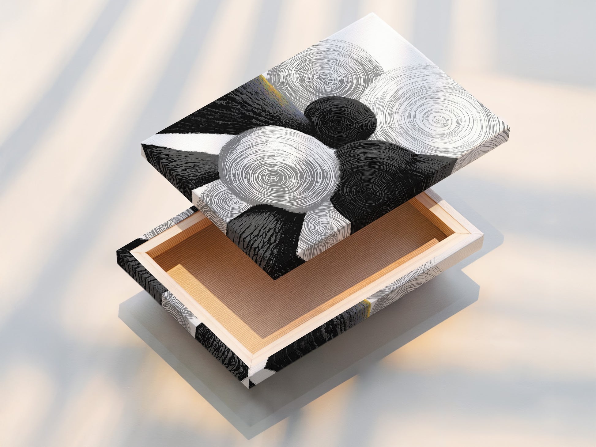 A stretched canvas print featuring an abstract geometric artwork. Black and white circles create a modern minimalist aesthetic. The canvas is stretched and ready to hang. This print offers a clean contemporary feel to any room. This is perfect for home or office decor.