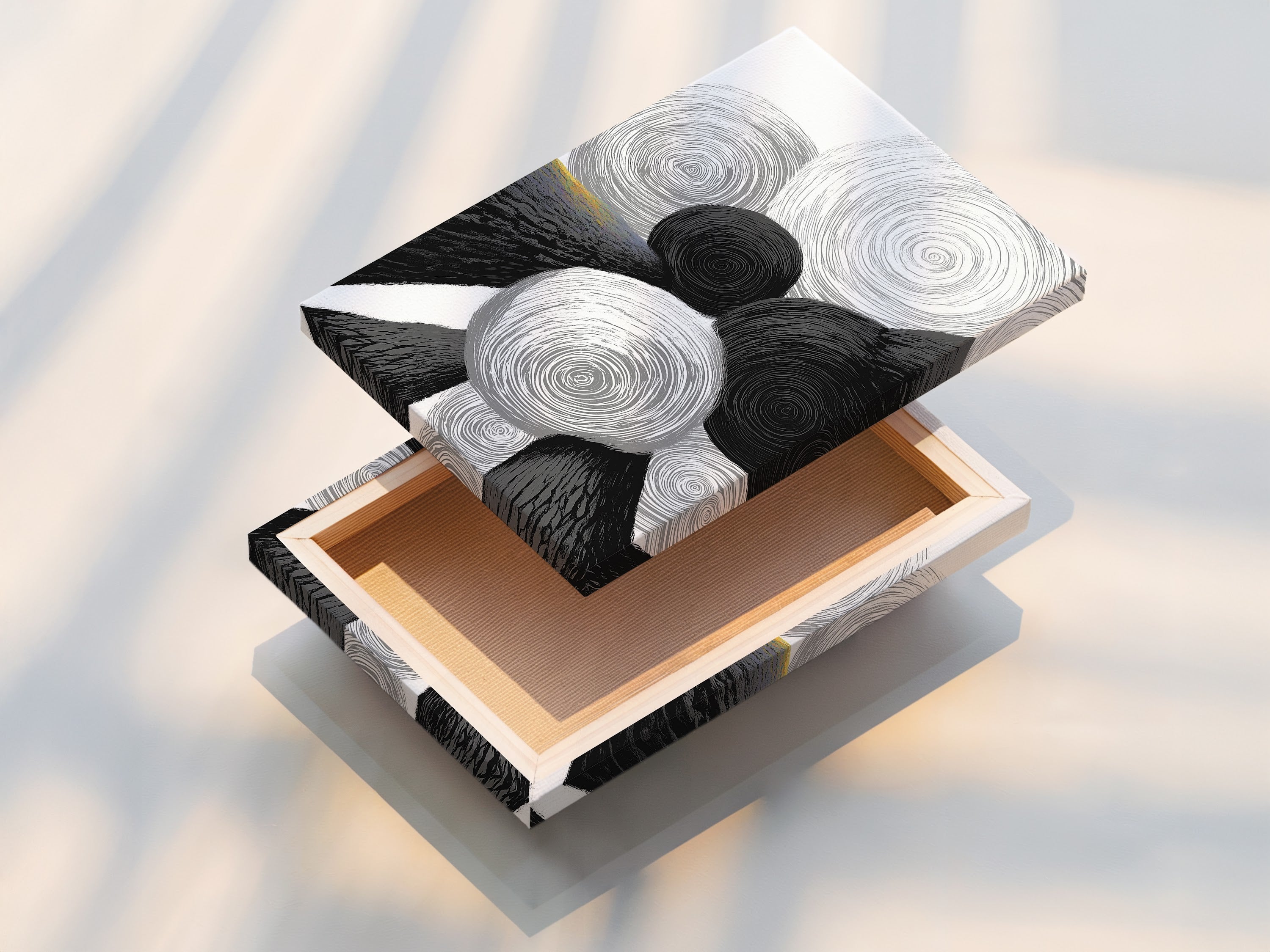 A stretched canvas print featuring an abstract geometric artwork. Black and white circles create a modern minimalist aesthetic. The canvas is stretched and ready to hang. This print offers a clean contemporary feel to any room. This is perfect for home or office decor.