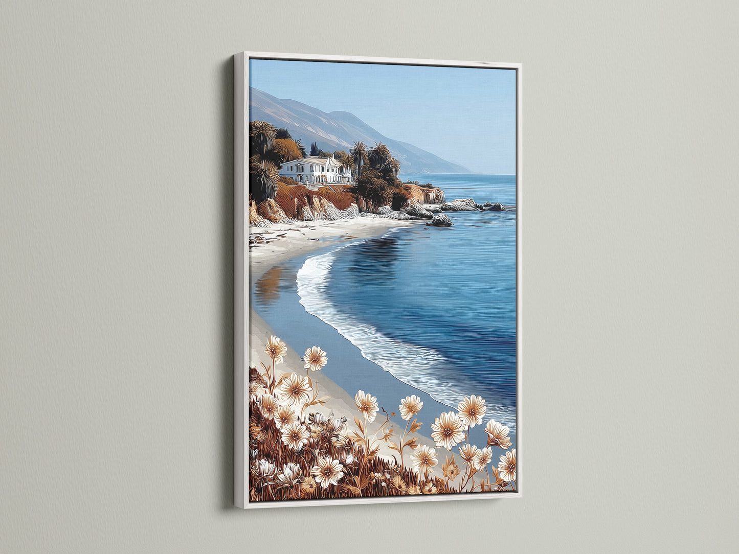 This artwork showcases a coastal beach scene framed in white. The neutral tone ocean view artwork is perfect for a bedroom or living room. Its calming presence enhances minimalist and Scandinavian interiors. Bring the beach indoors with this serene piece.