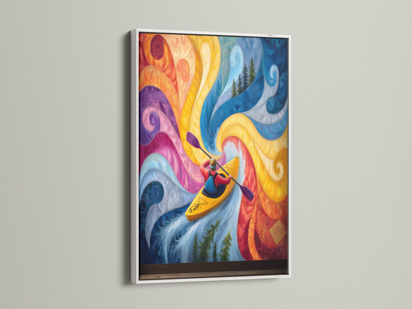 Kayaking abstract river art in a white frame. This colorful wall art adds a fresh and modern accent to any space. It's great for minimalist Scandinavian or coastal-themed rooms. Perfect for kayaker gifts.