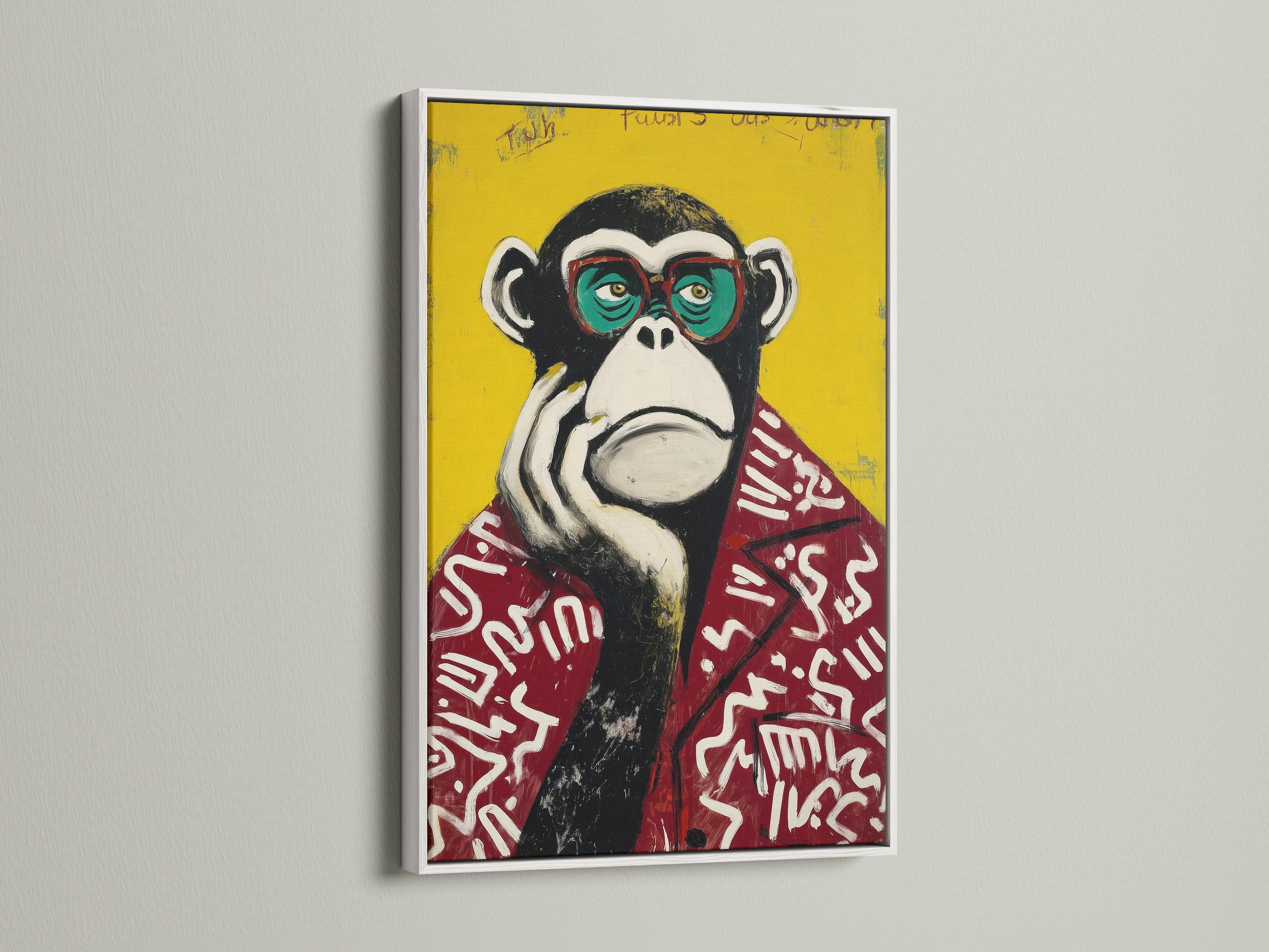 Contemporary monkey artwork showcased in a white frame. The pop art print features a primate canvas art. It is perfect for adding a modern touch to any room. The white frame provides a clean and stylish look. This animal wall decor is ideal for funky home decor. It is also great for office wall art.
