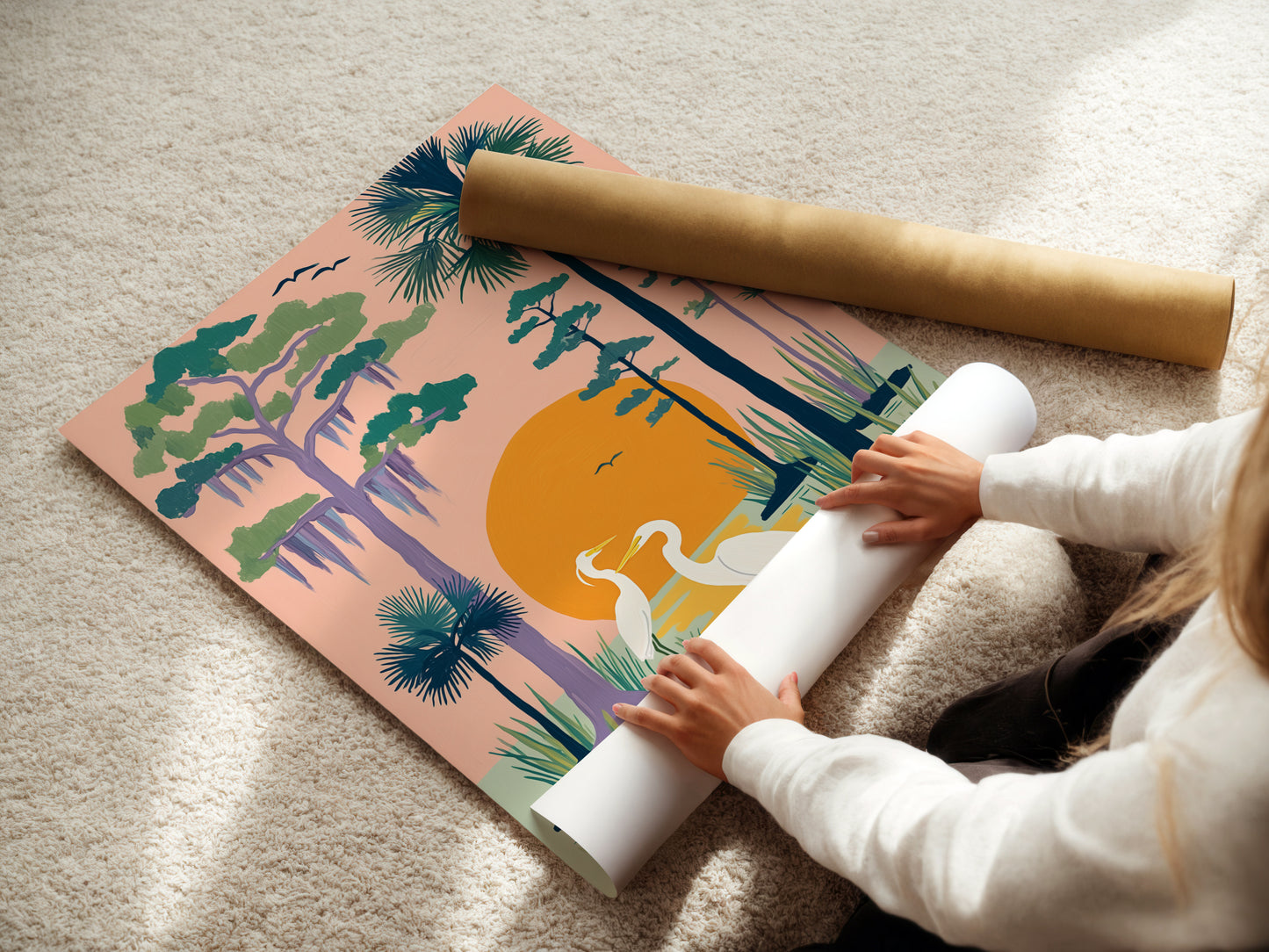 A woman carefully rolls a fine art poster paper. The heron artwork will be printed on this high-quality paper. Ensuring a vibrant and long-lasting nature art print. Perfect for adding a touch of coastal decor to any room.