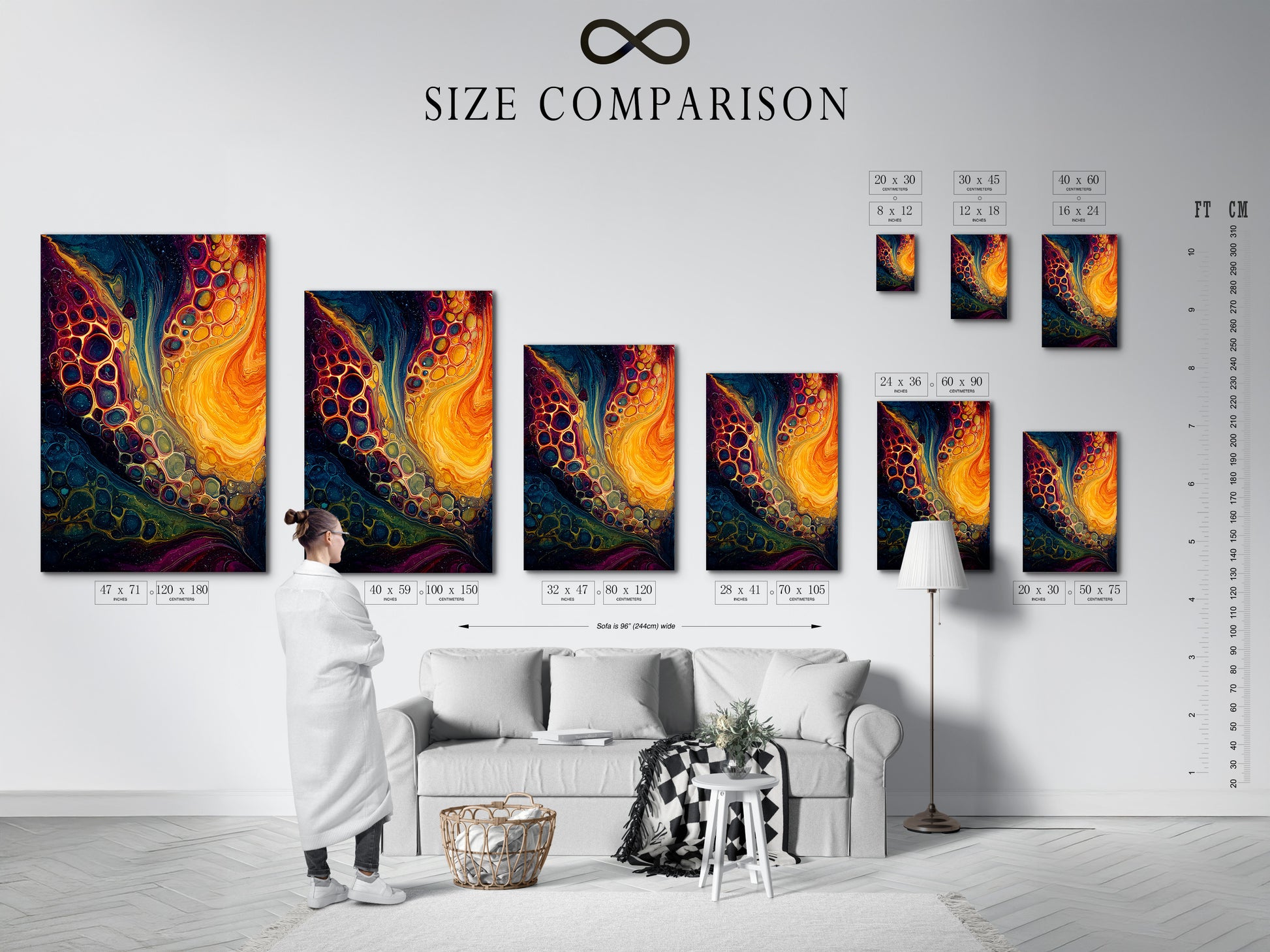 A size comparison chart is displayed in an interior setting. The chart helps visualize the different artwork sizes. This helps in choosing the perfect piece for your space. It provides a clear understanding of dimensions. This ensures the artwork fits seamlessly into the room. The size chart aids in making informed decisions.