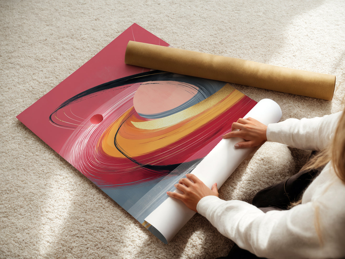 A woman carefully rolls a fine art poster paper. High-quality material ensures a lasting vibrant artwork. Ideal for modern bedroom decor and contemporary spaces. Get your abstract swirl art today in poster form.