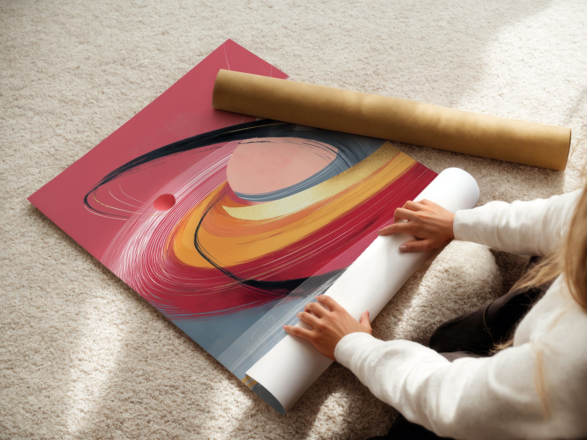 A woman carefully rolls a fine art poster paper. High-quality material ensures a lasting vibrant artwork. Ideal for modern bedroom decor and contemporary spaces. Get your abstract swirl art today in poster form.