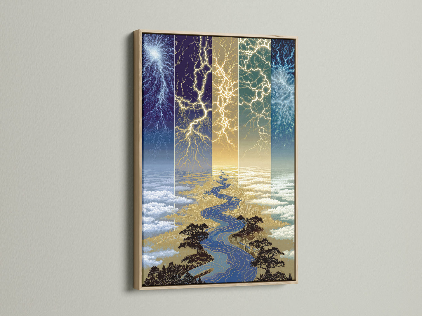 The Lightning River canvas art is beautifully presented in an oak frame. This celestial print adds a touch of modern style to any room. The blue and gold artwork enhances living rooms bedrooms and offices alike.