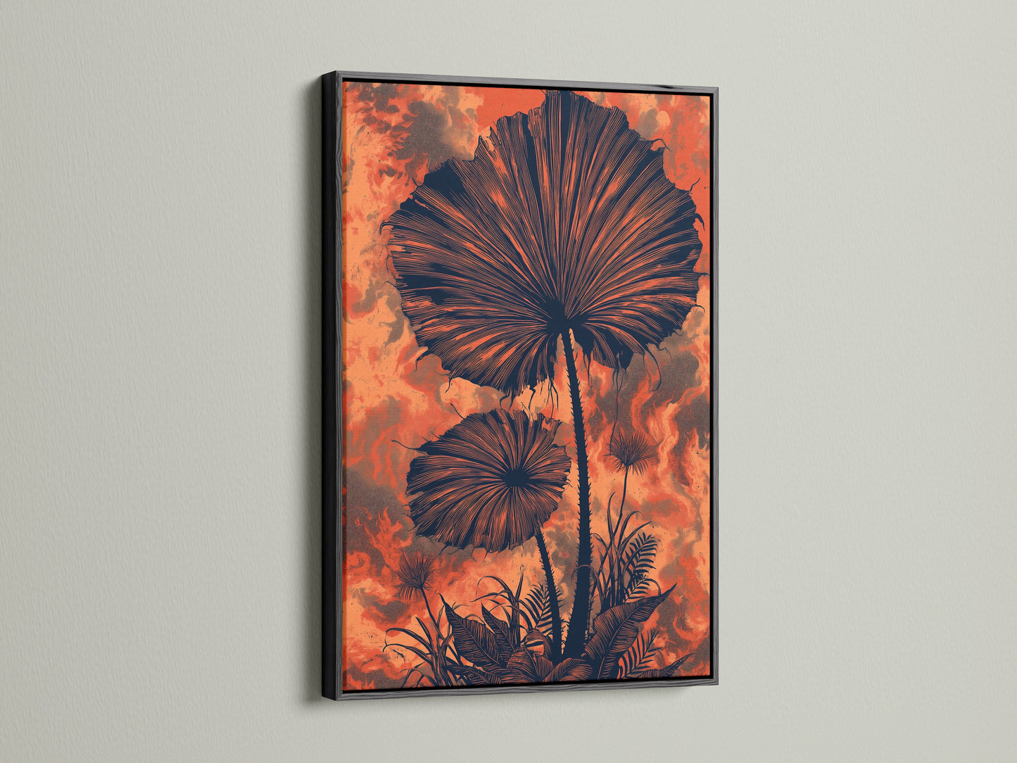 Botanical fan palm artwork with a black frame. A modern tropical foliage poster for your home. The burnt orange and black create a bold statement. Enhance your living room bedroom or office. This striking wall decoration brings sophistication.