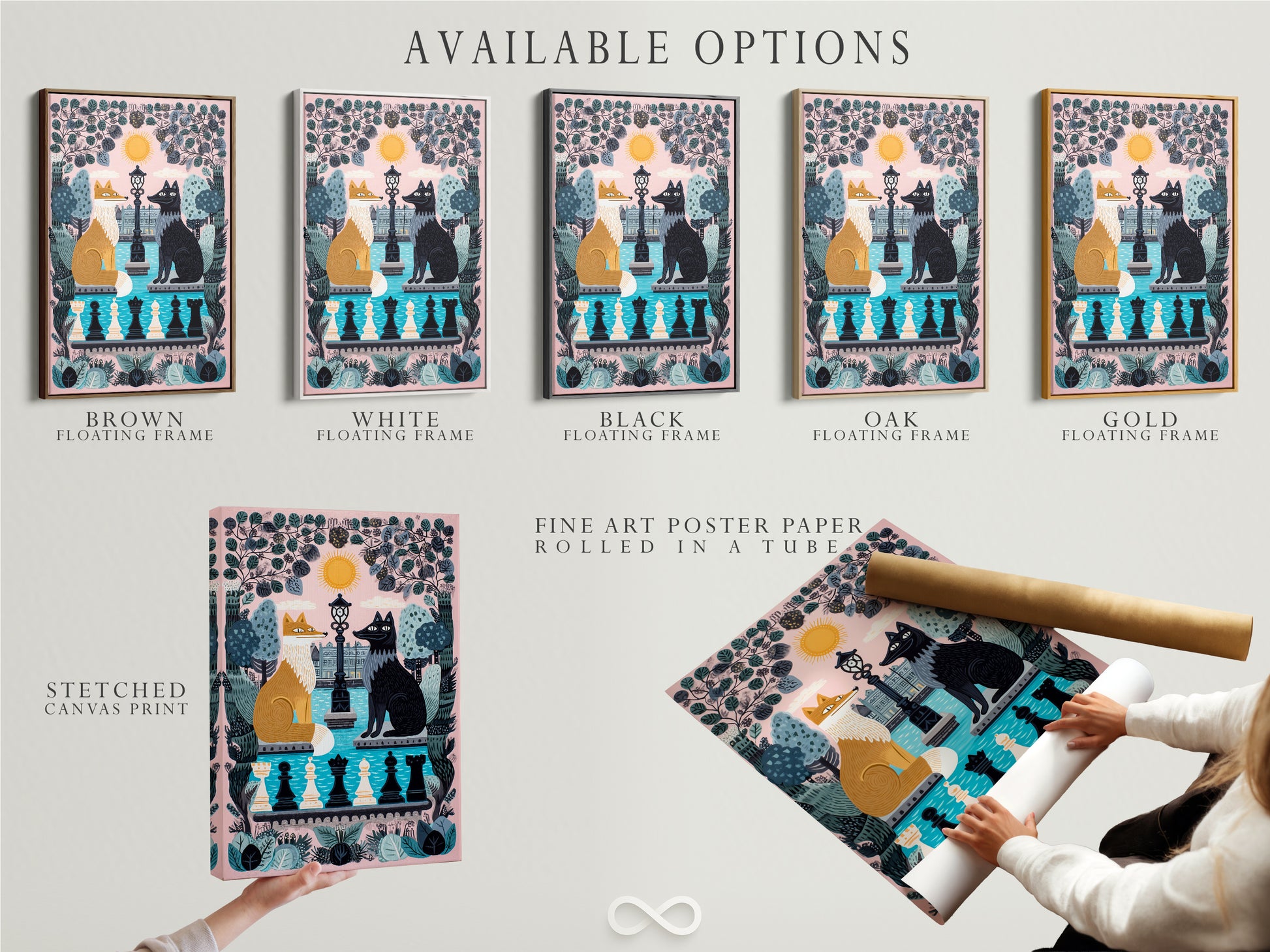 Explore available options for the Fox and Wolf Canvas Print. Choose from stretched canvas fine art poster paper or a floating frame. This whimsical chess art is perfect for kids room decor. The pink pastel colors enhance fable artwork. A cute contemporary animal art piece for nursery wall art.