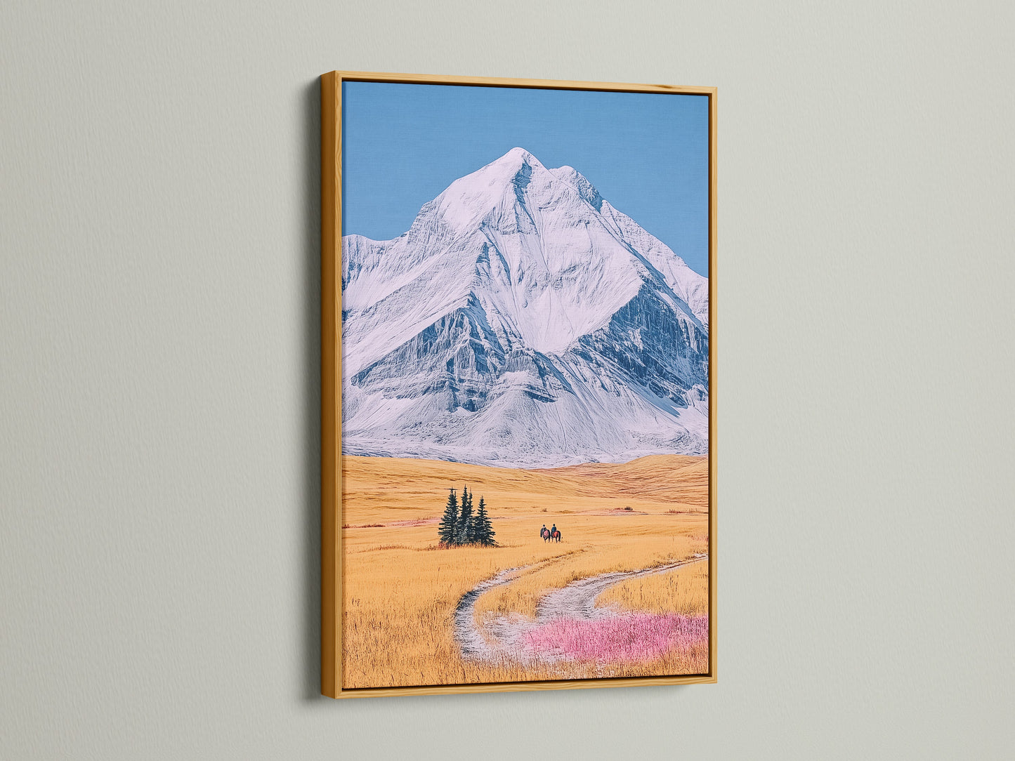 Landscape artwork is displayed in a gold frame. The gold frame adds a touch of elegance. It complements the rustic wall decor beautifully. The snowy mountain ridge is highlighted. This piece brings warmth to farmhouse or western-style homes. The artwork elevates any room with its luxurious feel.