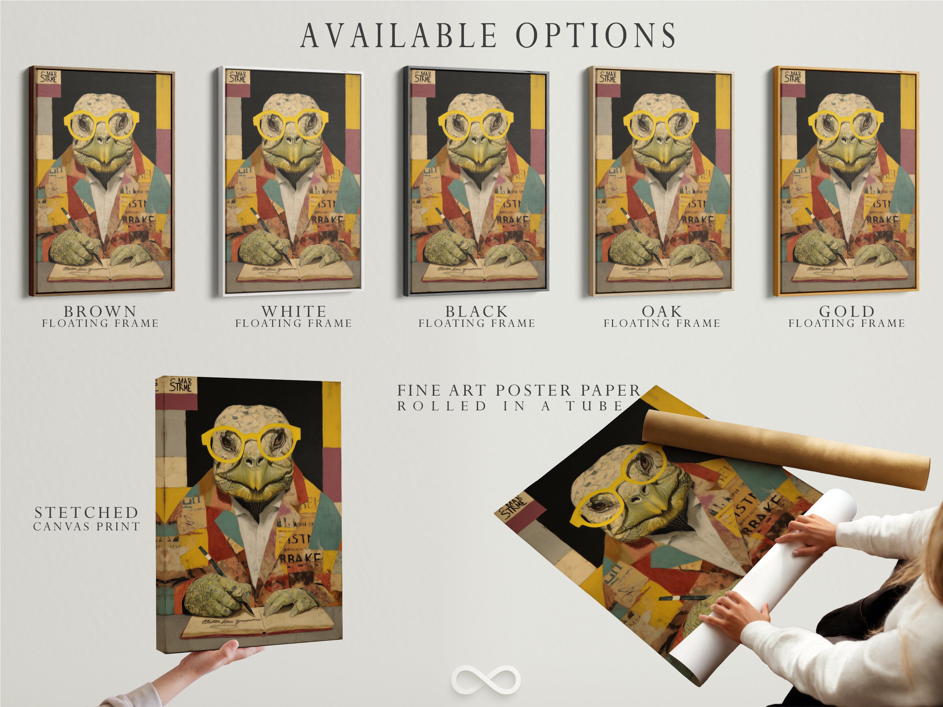 Available options for the Turtle Scholar Art Print include a stretched canvas print fine art poster paper and a floating frame. Choose the perfect format for this vintage animal art. Enhance your space with this quirky wall decor. Options suit various styles and preferences.