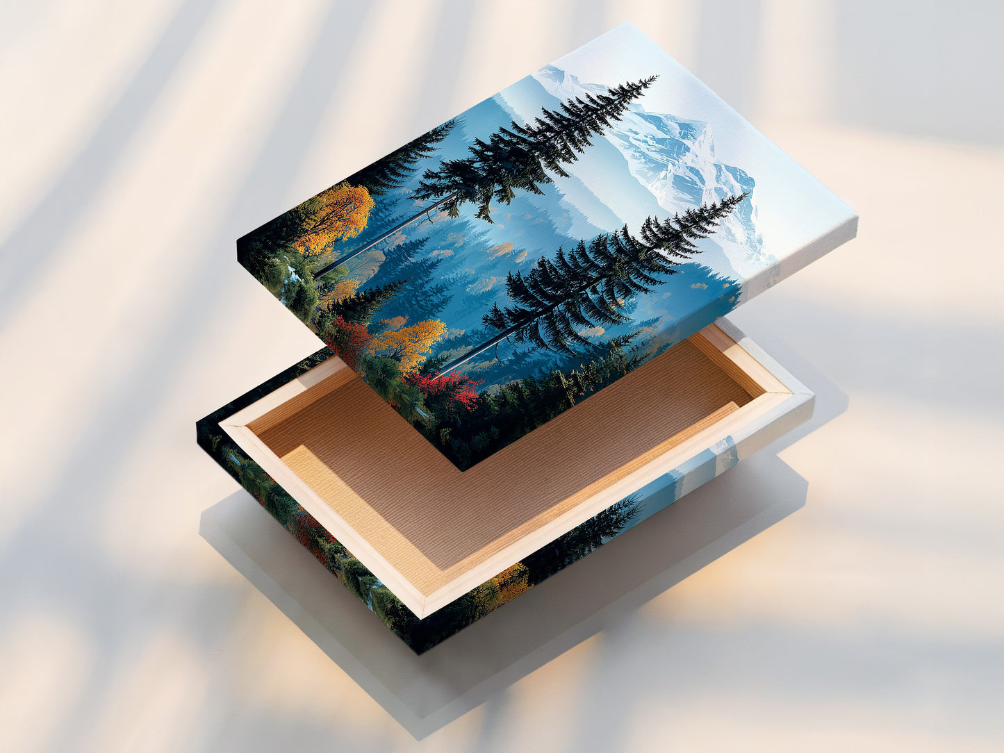 A stretched Mountain Forest canvas print. Ready to hang and enjoy. This nature canvas is perfect for any room. It is a great addition to your cabin wall art. Discover rustic decor for your home today.