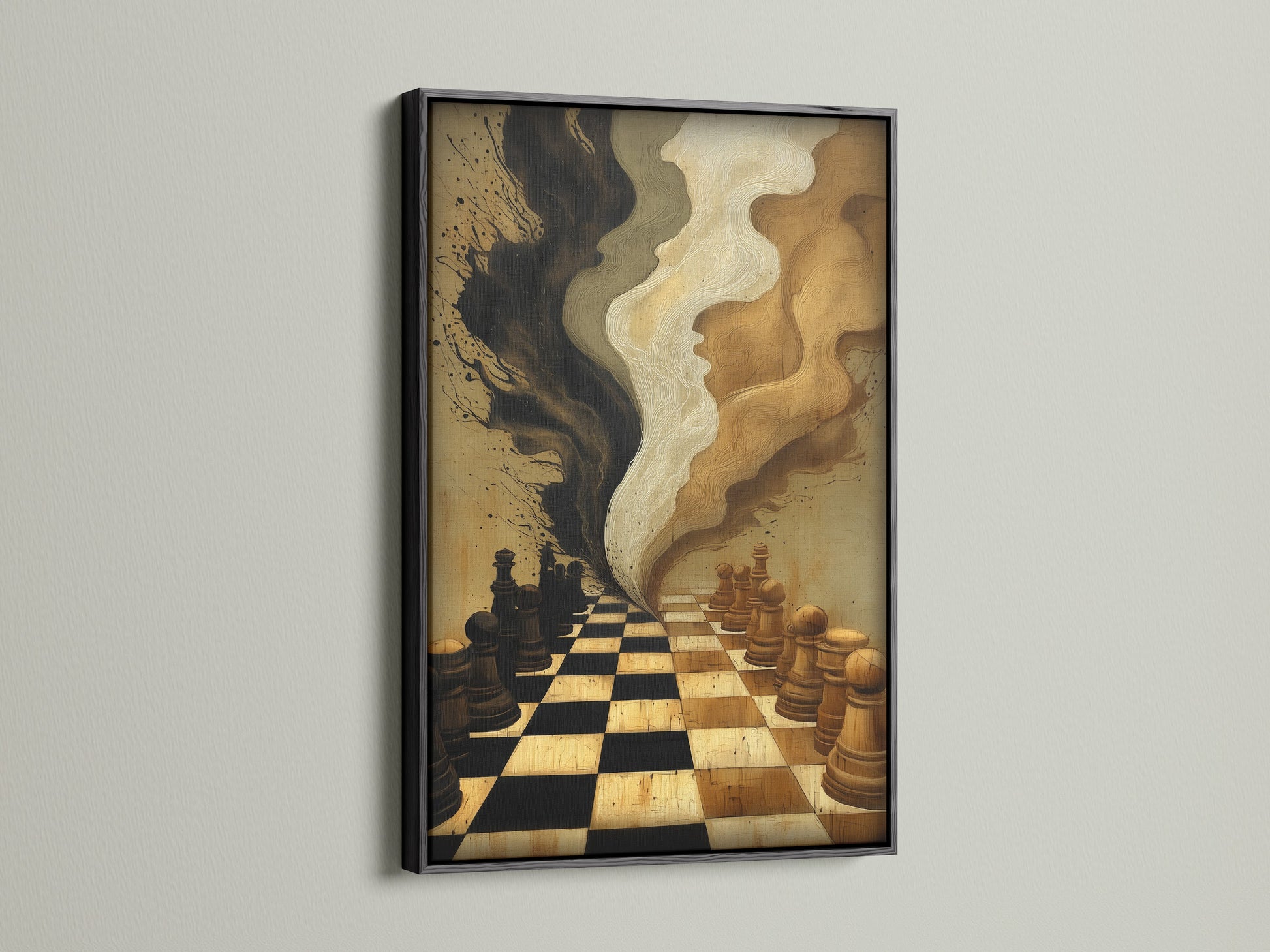 The chess game artwork is displayed in a black frame. The bold black frame adds a touch of drama to the strategy canvas. This frame enhances the contrast and depth of the artwork. Perfect for adding a modern edge to your decor.