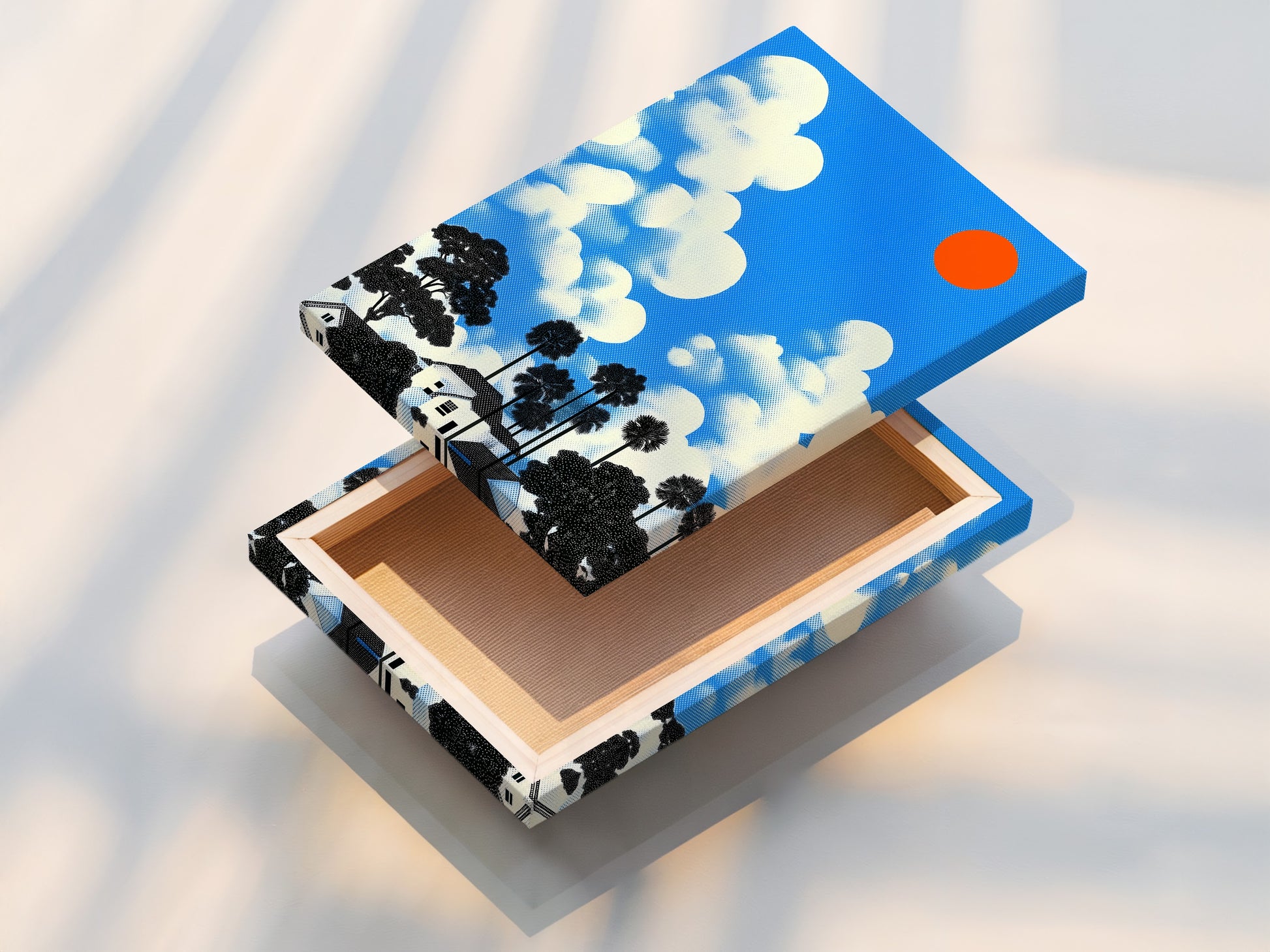 This stretched canvas print of the house and clouds artwork is ready to hang. The stretched canvas offers a professional gallery-wrapped look. Great for adding a bold color print to your decor.