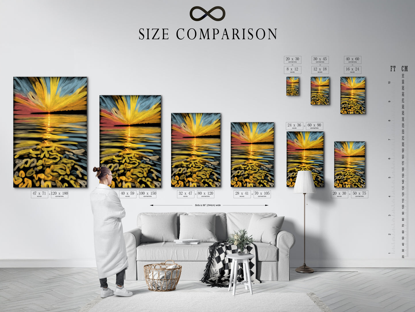 This size comparison chart is set in an interior. It helps visualize how the abstract sunset artwork will look in different dimensions. The golden ocean wave art is perfect for various room sizes. Find the ideal fit for your living room bedroom or office space.