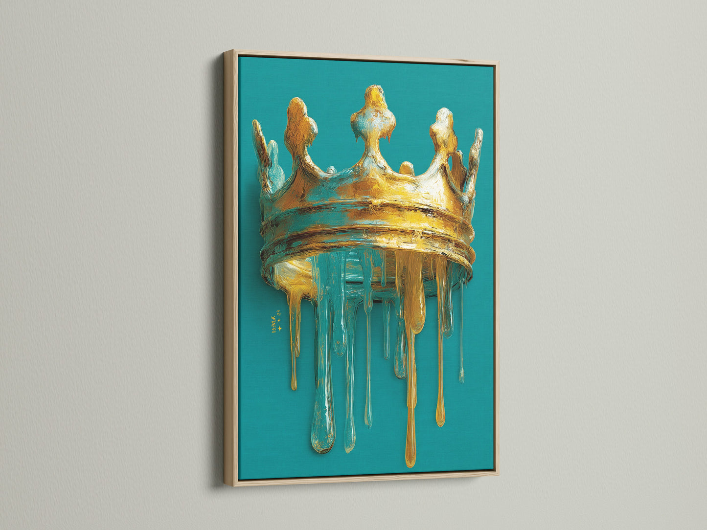 Oak Frame artwork. The featured artwork shows a crown with paint or glaze dripping. The crown is gold and blue. The background is teal. The oak frame is a beautiful natural wood color. This artwork is a majestic addition to any room.