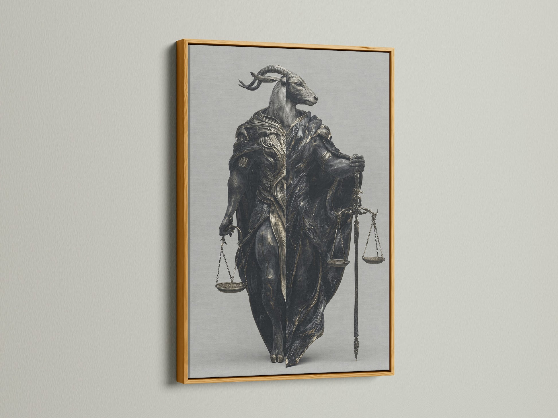 The Justice Scales Goat artwork is displayed in a gold frame. This surreal wall art brings a touch of mythology to your space. Perfect as legal office decor or for fantasy art enthusiasts. Add symbolic art to your study.