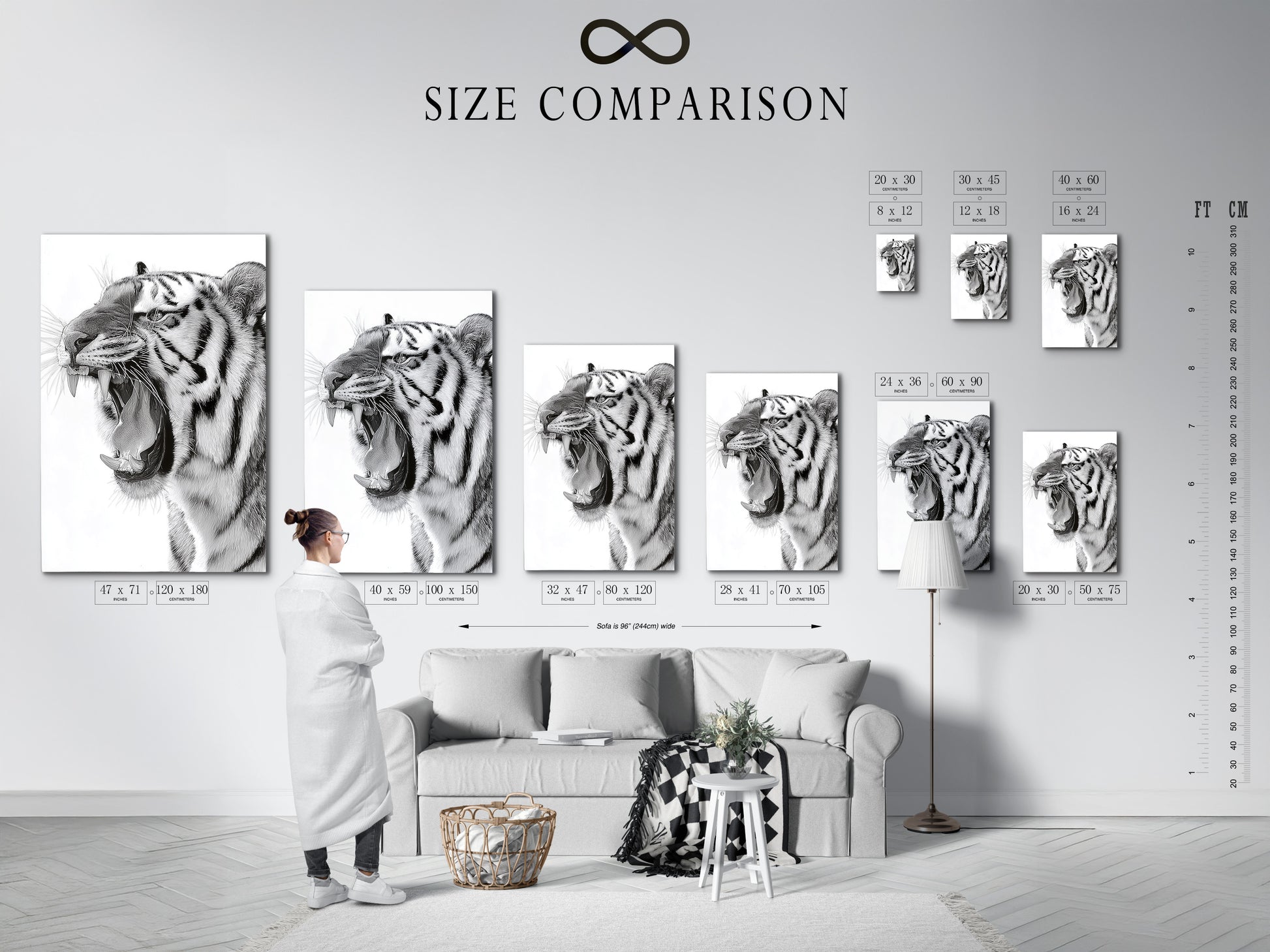 A size comparison chart is displayed in an interior setting. It helps visualize artwork dimensions in a home. Choose the perfect size to complement your wall space. From small prints to large statement pieces. We have options to suit every room.