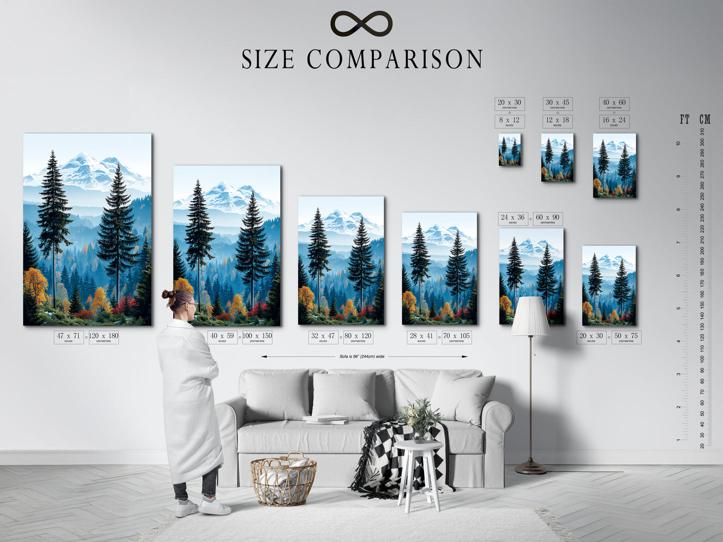 A size comparison chart in an interior setting. Showcasing Mountain Forest artwork in different sizes. Find the perfect fit for your space. Choose the right size for your nature print. Enhance your wall decoration.