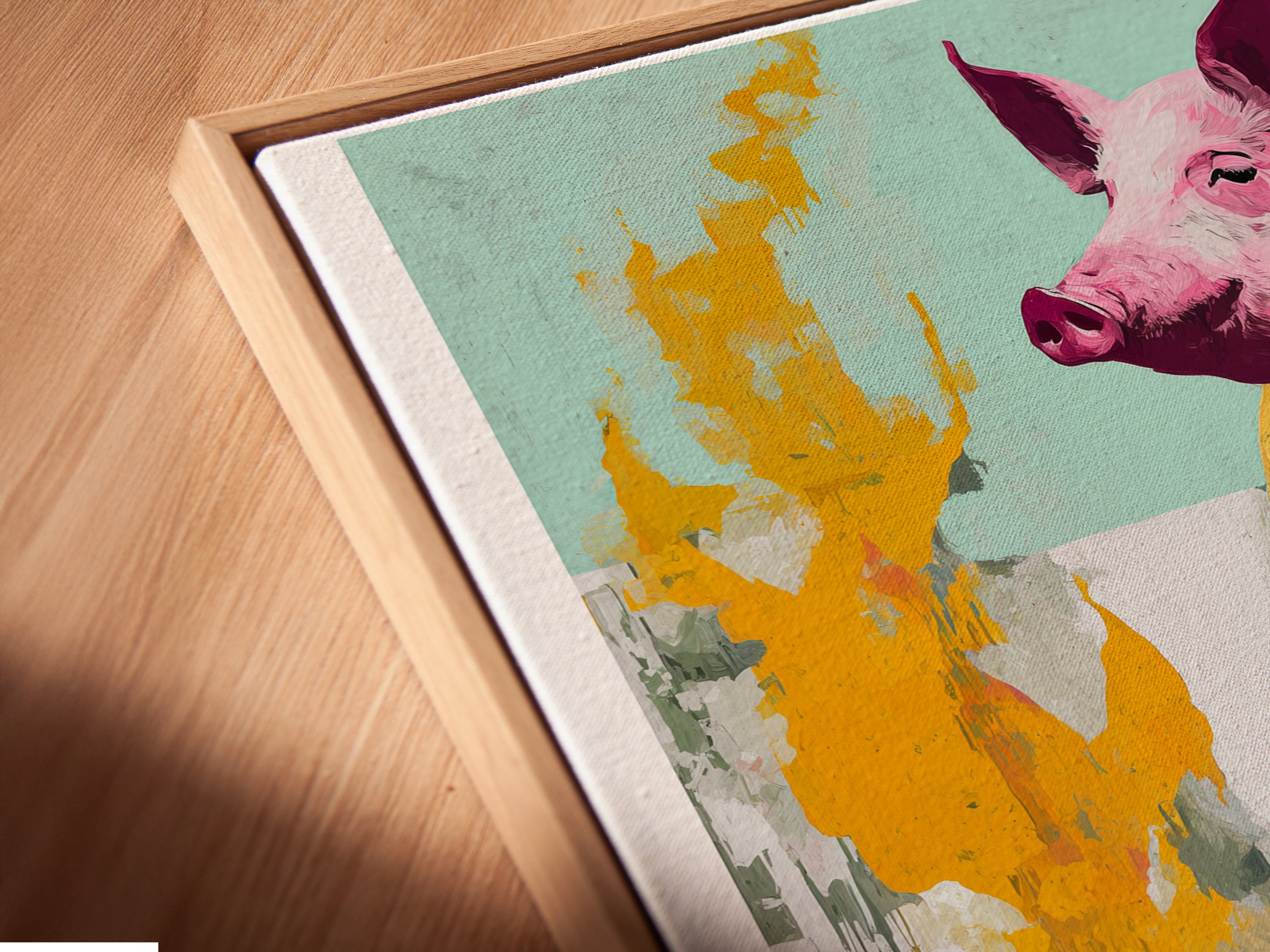 This is a close-up showing a canvas print of the Pig Chef in a floating frame. The floating frame gives the artwork a modern gallery look. Notice the detail and quality of the canvas print. The art is ready to hang.