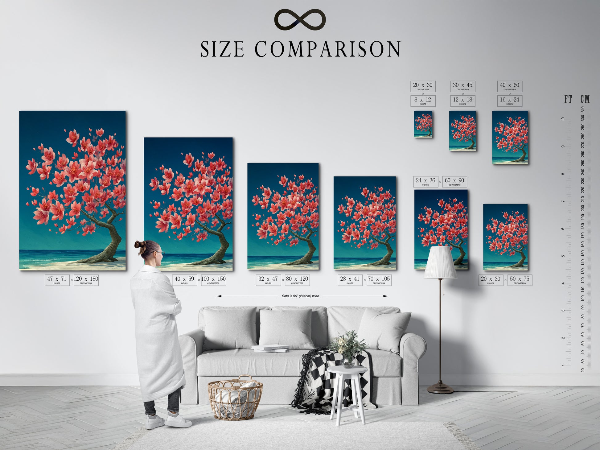 See the size comparison chart in an interior setting. Visualize how our cherry blossom tree artwork fits in your space. Available in various sizes to suit your living room or bedroom wall decor needs. Transform your home today.