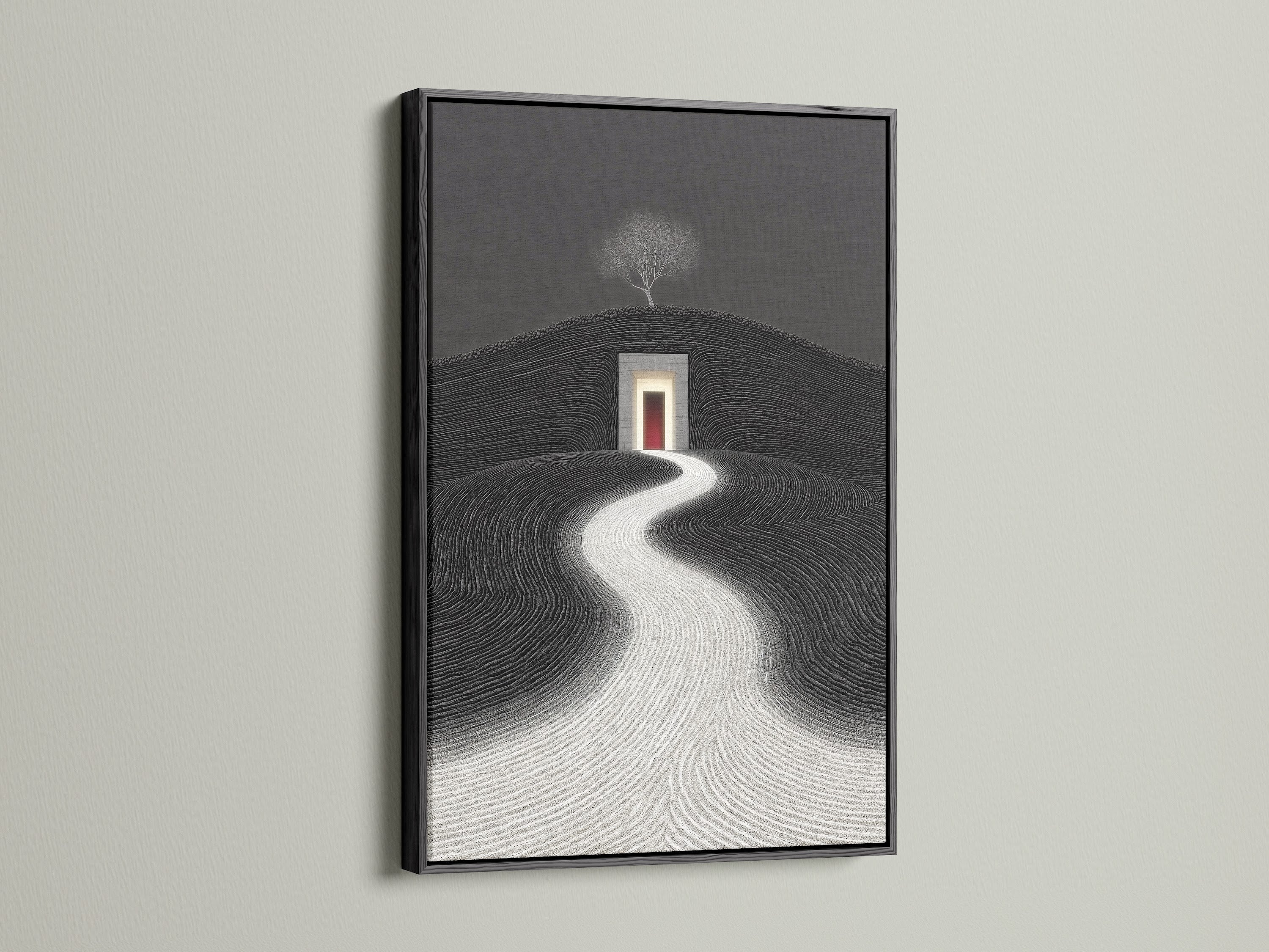 See a striking black frame enhancing minimalist artwork. This surreal path art print adds elegance. It's great for modern black and white geometric decor. The canvas wall art complements any room. Discover abstract landscape art.
