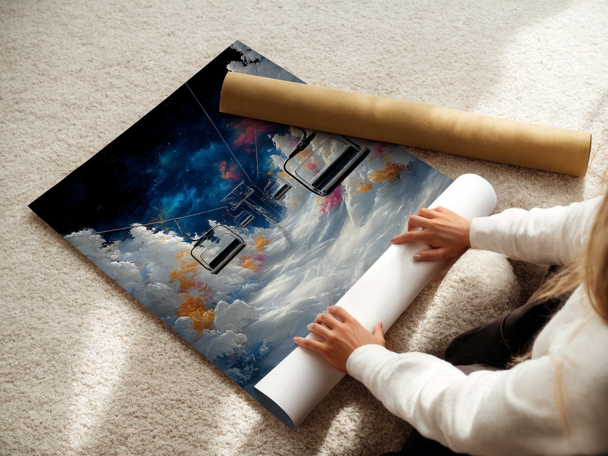 See the care that goes into each fine art poster paper. A woman gently rolls the print ensuring its quality. This image captures the dedication to craftsmanship. Each piece is made with attention to detail.